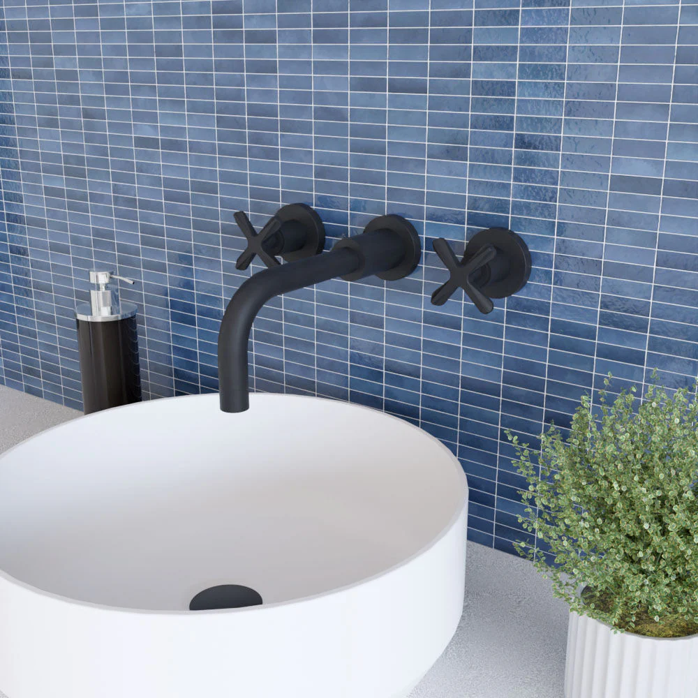 Levedale Wall Mount 3 Tap Hole Basin Mixer Tap with Crosshead Handles - Choice of Finish - Image 9