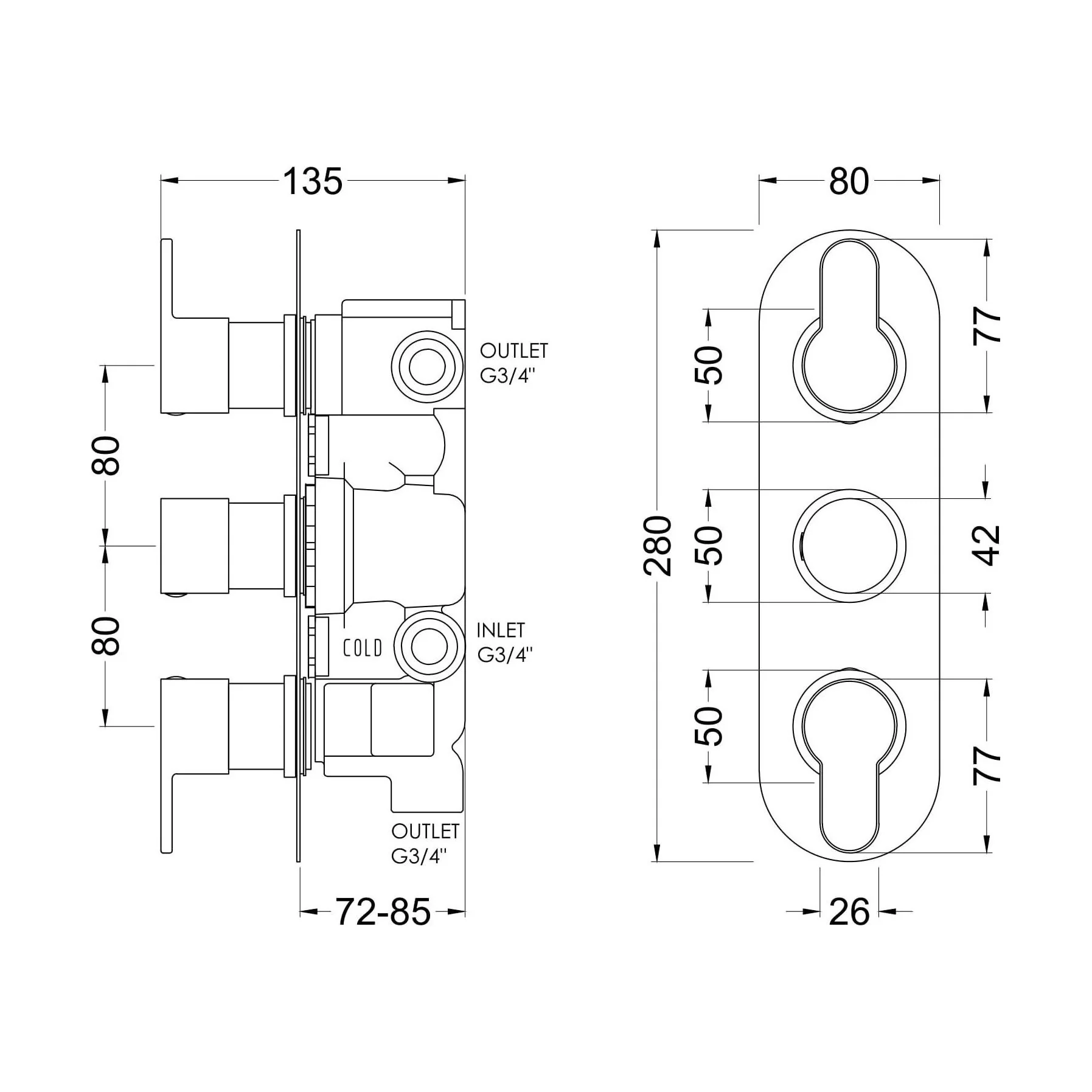 Consall Round Thermostatic Three Outlet Shower Valve with Diverter, Choice of Finish - Image 7