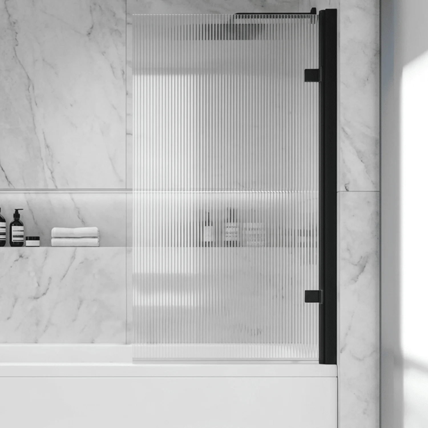 Contemporary 8mm Toughened Safety Glass Square Hinged Fluted Bath Screen, 1520 x 830 x 24mm - Choice of Colour - Image 3
