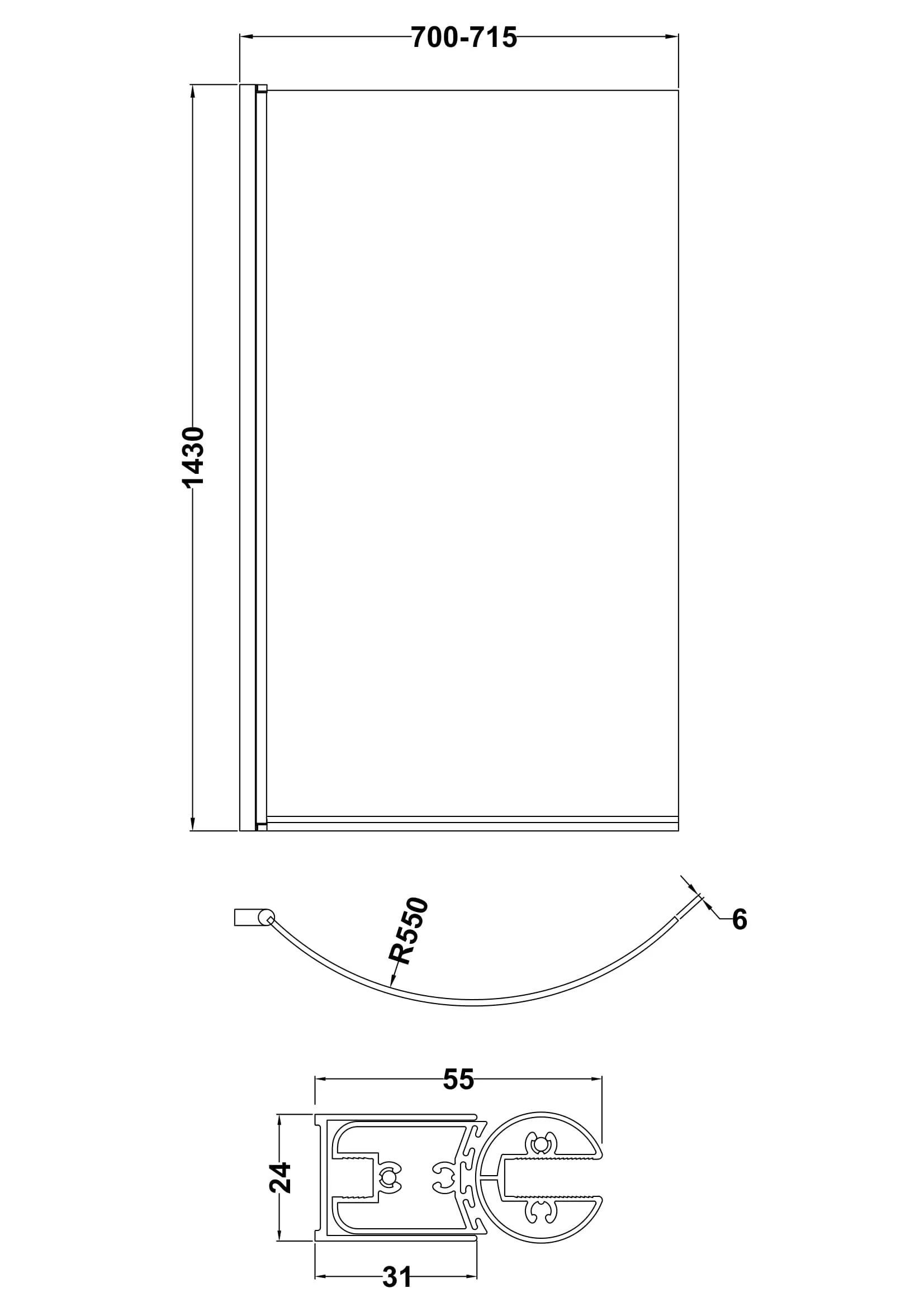 Contemporary Curved 6mm Toughened Safety Glass Reversible P-Bath Bath Shower Screen - Image 3
