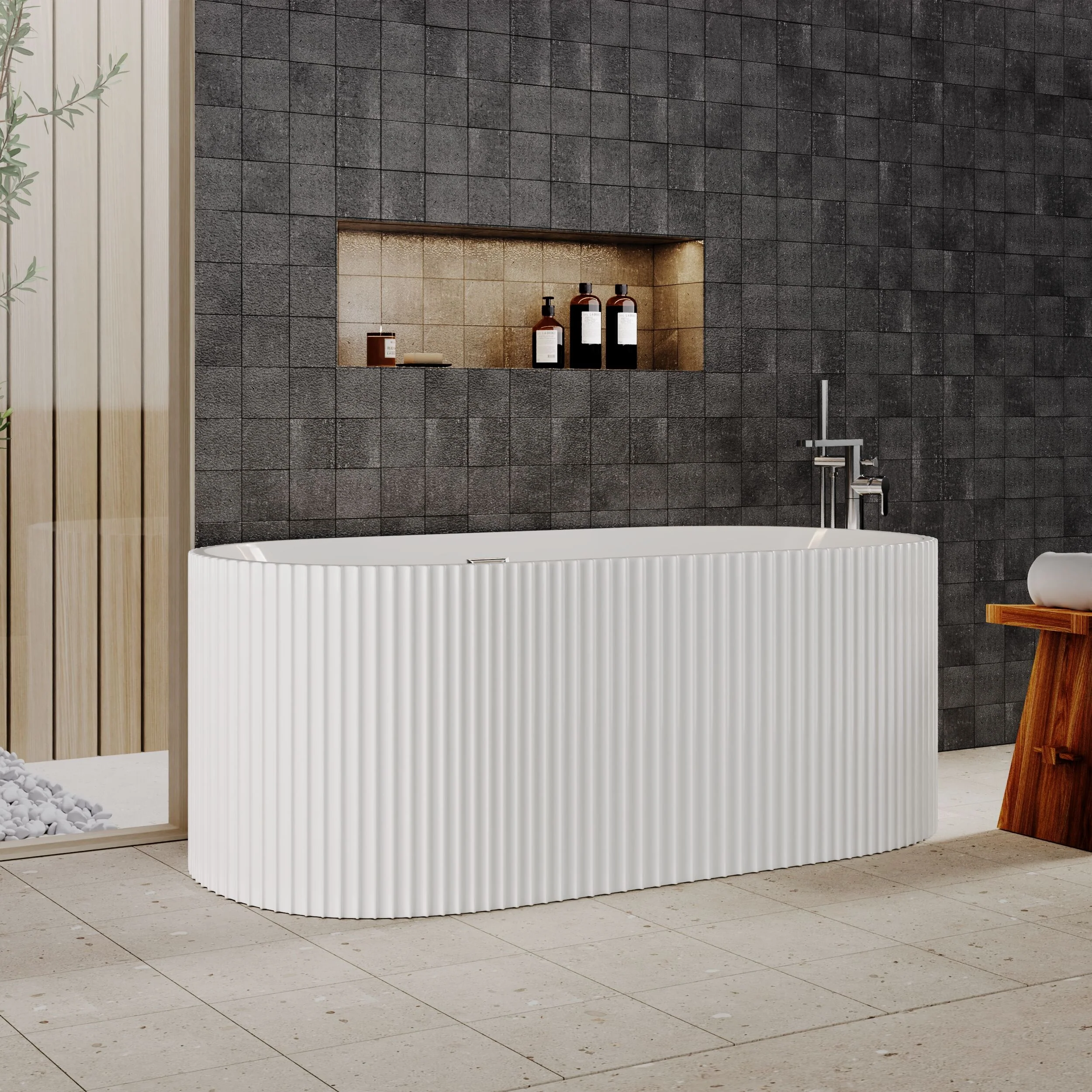 Contemporary Curved Freestanding Bath, Modern Ribbed Design - Choice of Size - Image 7
