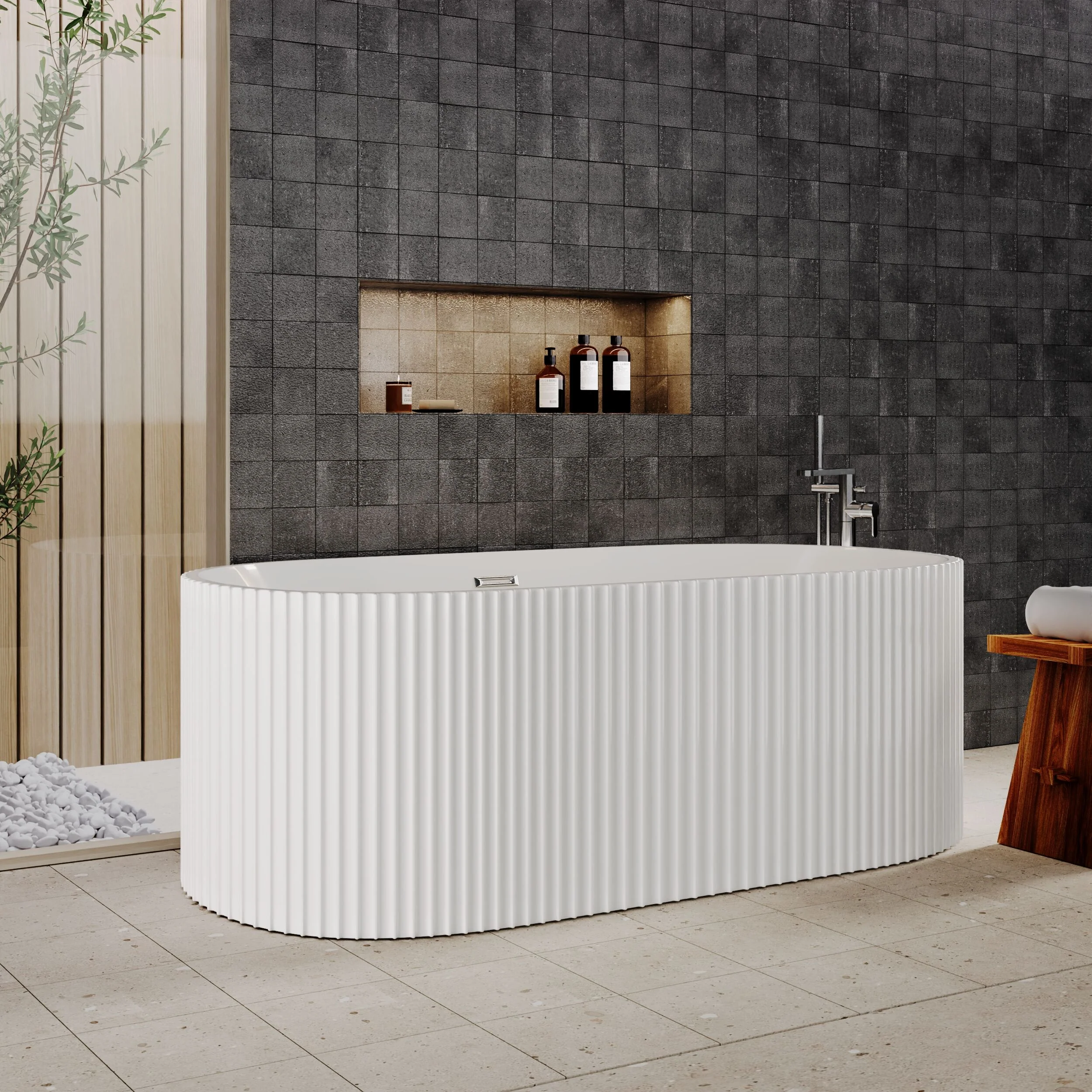 Contemporary Curved Freestanding Bath, Modern Ribbed Design - Choice of Size - Image 8