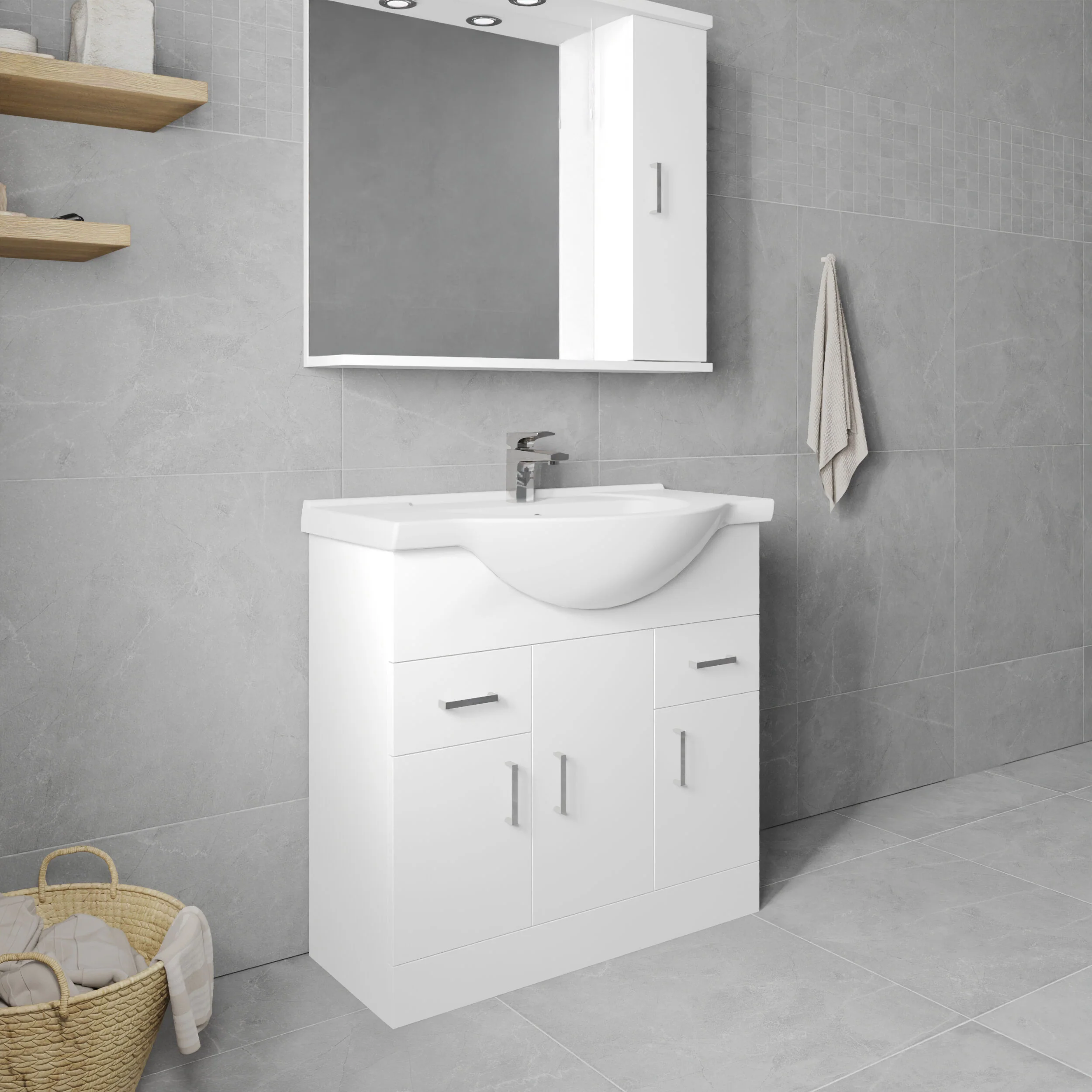 Hamstall Contemporary Floor Standing Vanity Unit with Round Ceramic Basin – Gloss White, Choice of Doors, Drawers & Sizes - Image 28