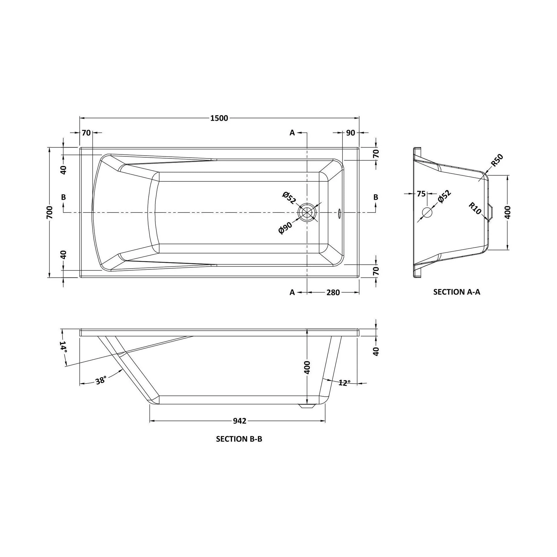 Contemporary Square Single Ended Bath Tub & Leg Set - Multiple Sizes - Image 23
