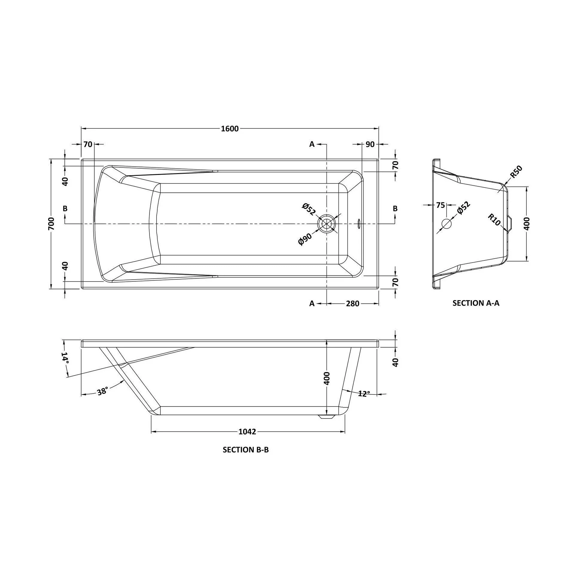 Contemporary Square Single Ended Bath Tub & Leg Set - Multiple Sizes - Image 24