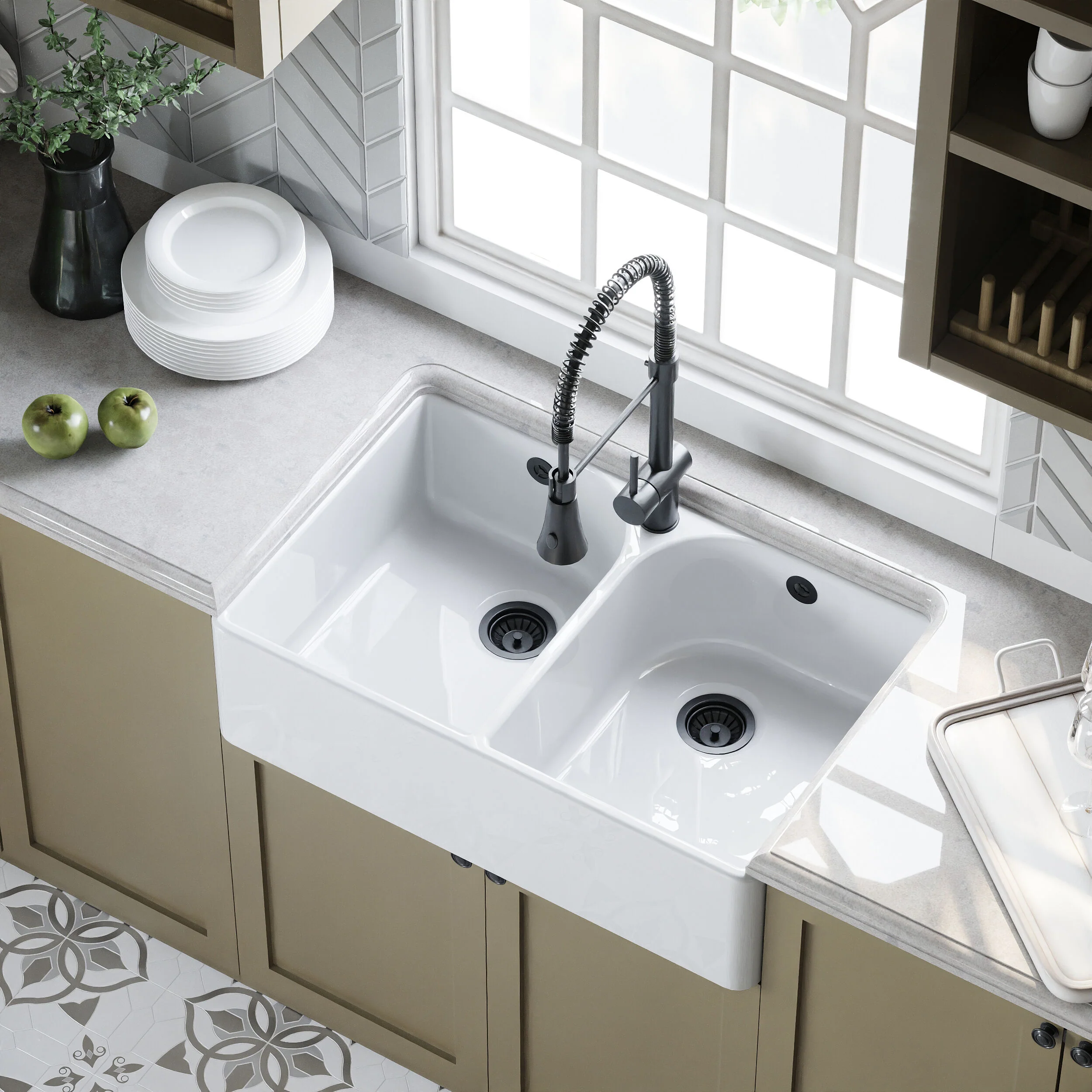 Double Bowl Butler Sink with Overflow - Choice of Tap and Waste - 795mm - Image 10
