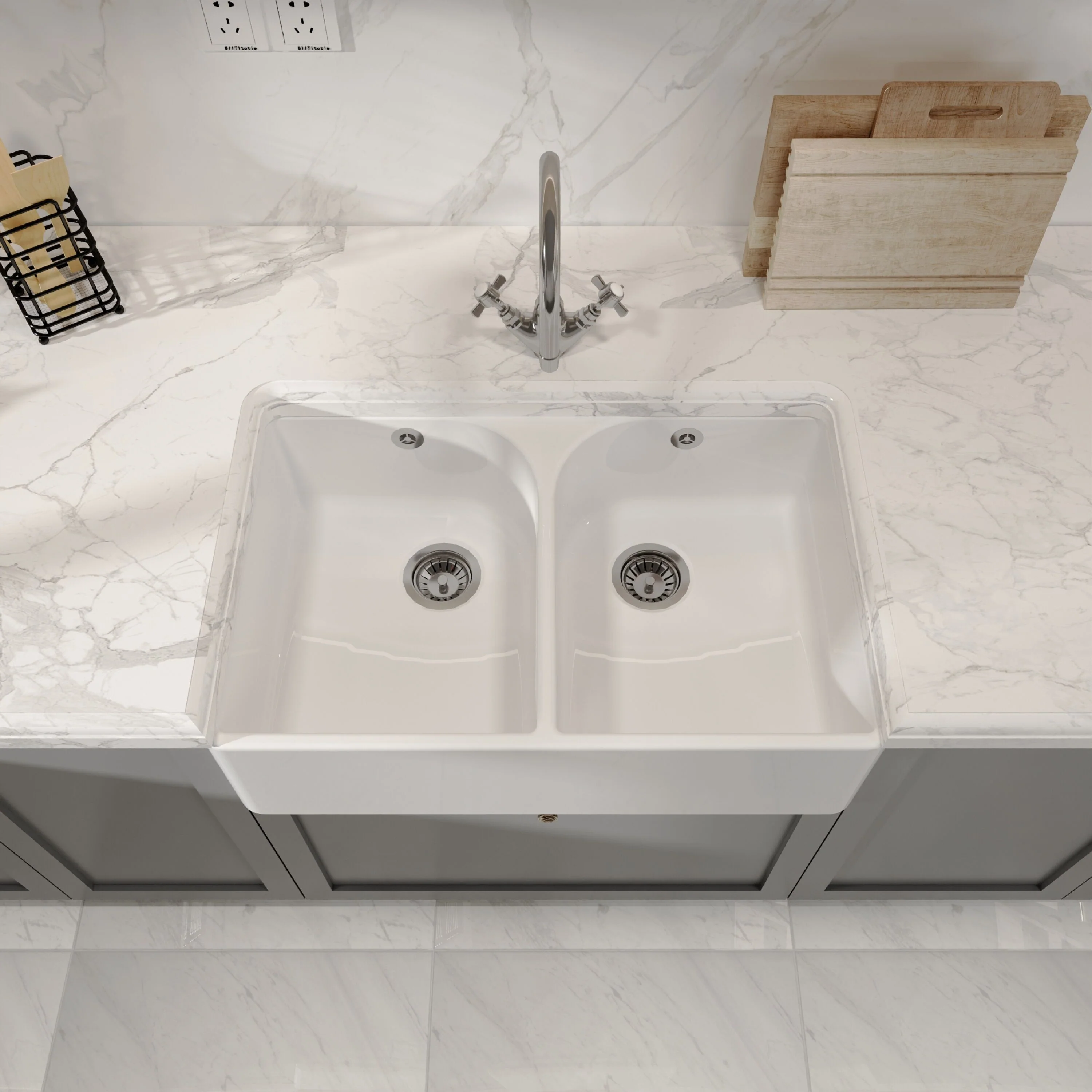 Double Bowl Butler Sink with Overflow - Choice of Tap and Waste - 795mm - Image 11