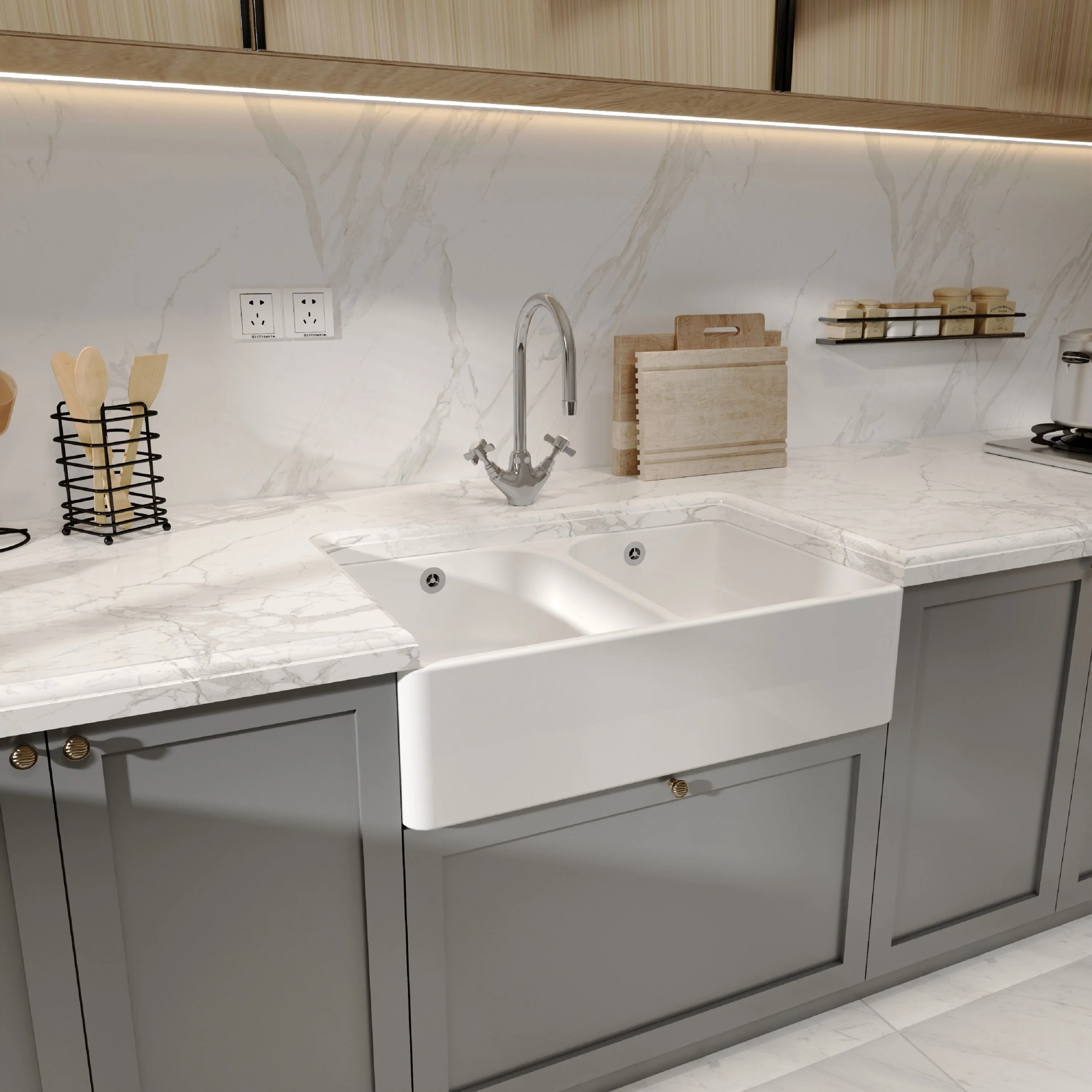 Double Bowl Butler Sink with Overflow - Choice of Tap and Waste - 795mm - Image 15