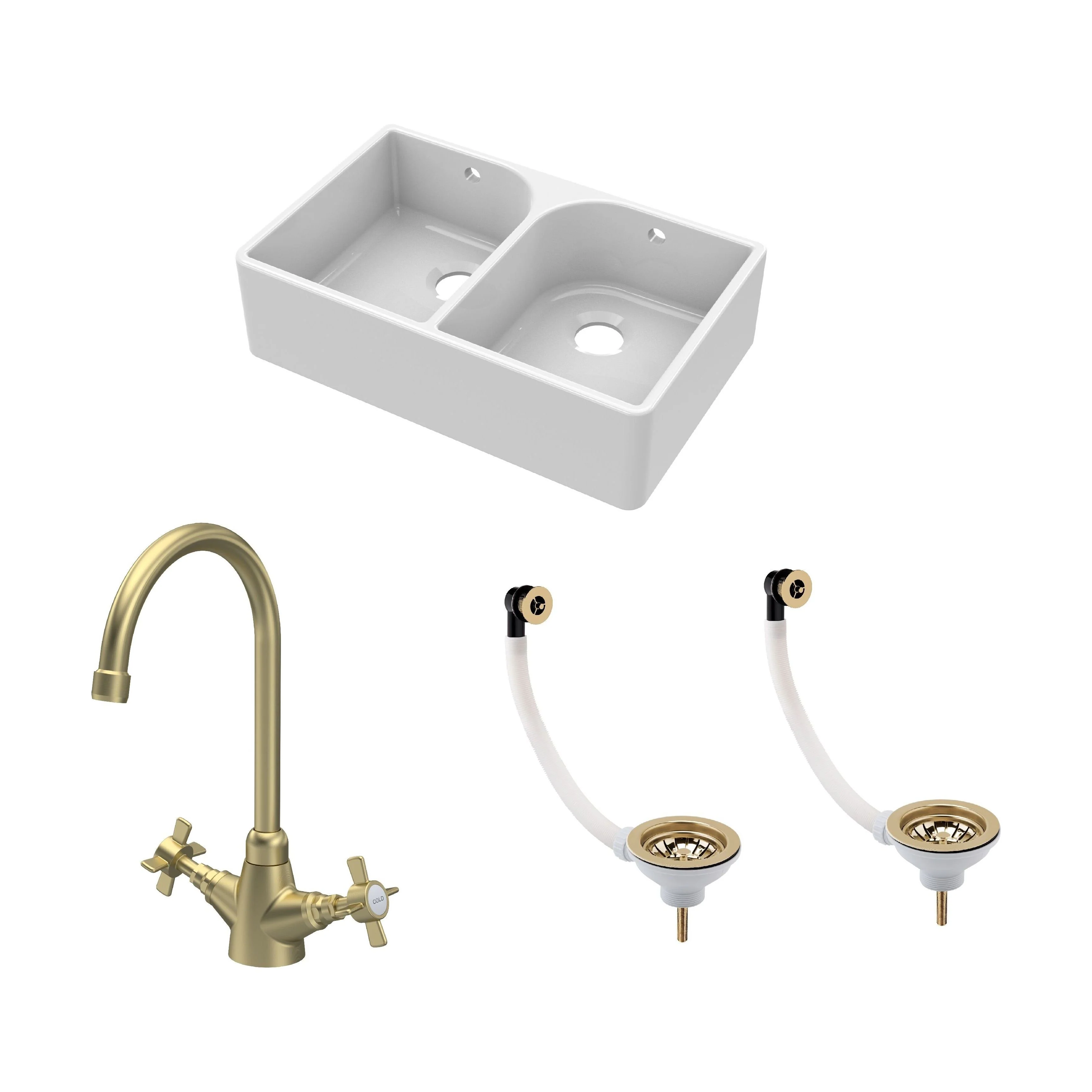 Double Bowl Butler Sink with Overflow - Choice of Tap and Waste - 795mm - Image 20