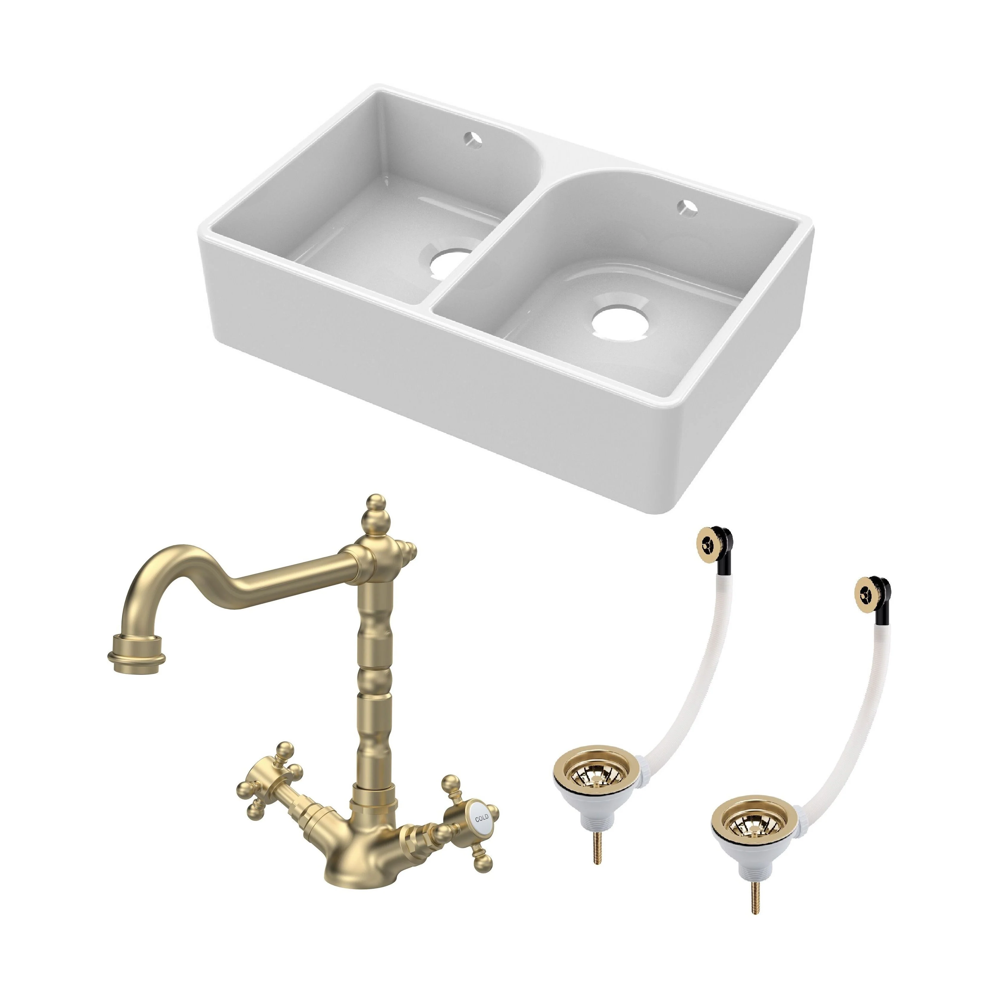 Double Bowl Butler Sink with Overflow - Choice of Tap and Waste - 795mm - Image 21