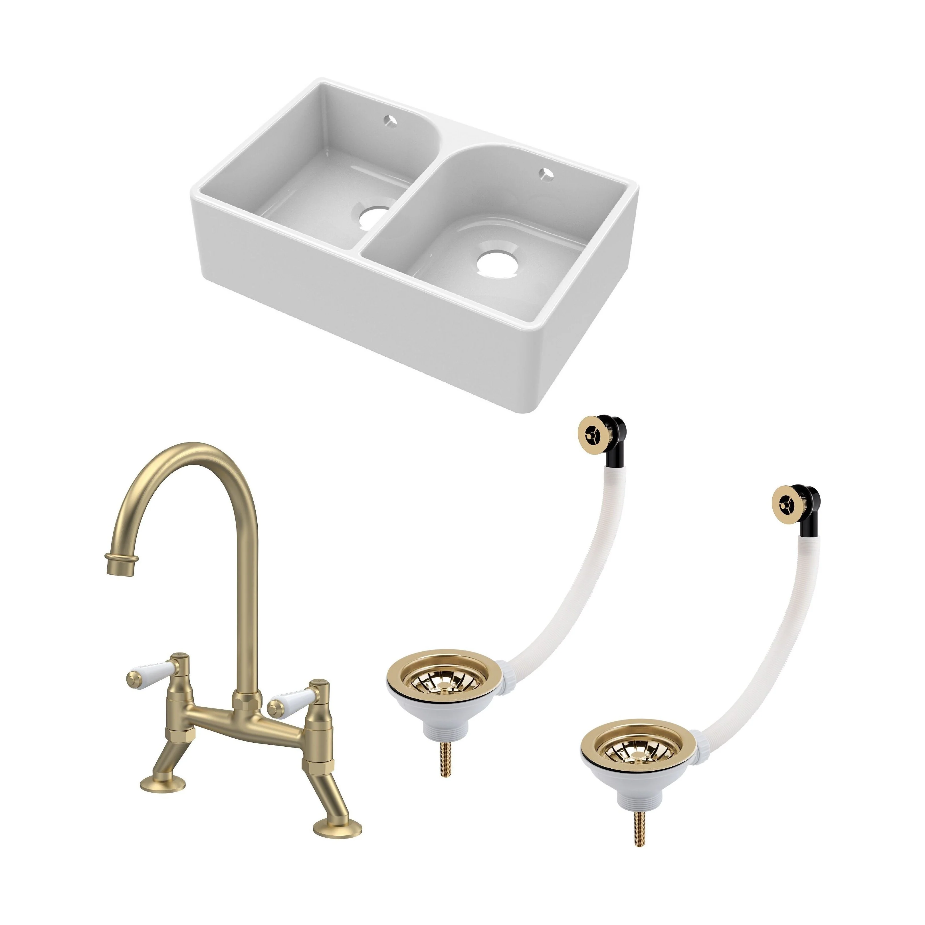 Double Bowl Butler Sink with Overflow - Choice of Tap and Waste - 795mm - Image 23
