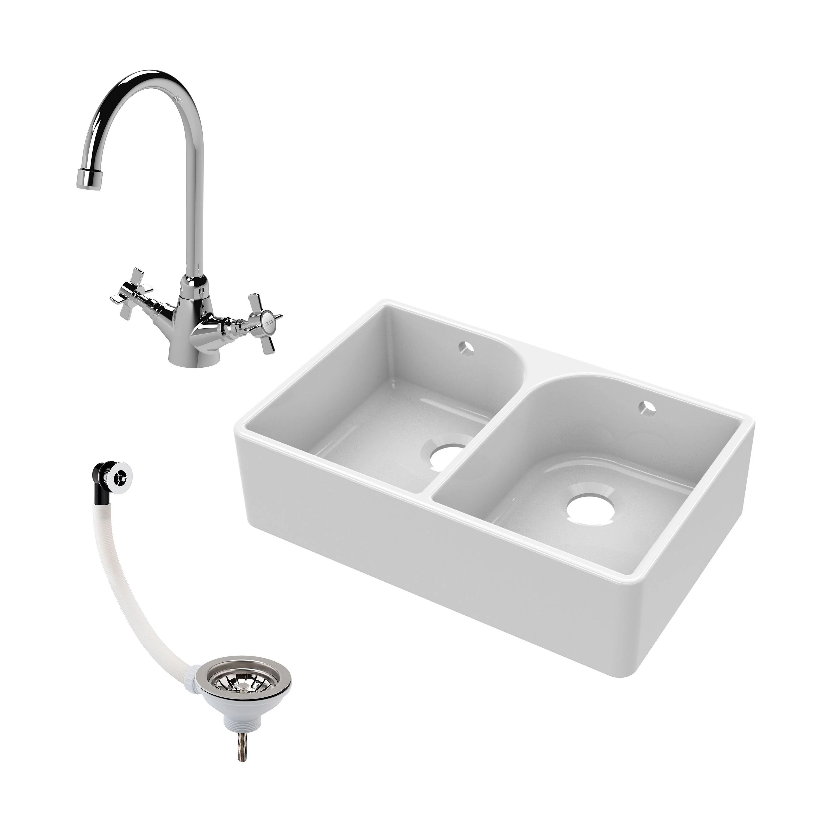 Double Bowl Butler Sink with Overflow - Choice of Tap and Waste - 795mm - Image 24