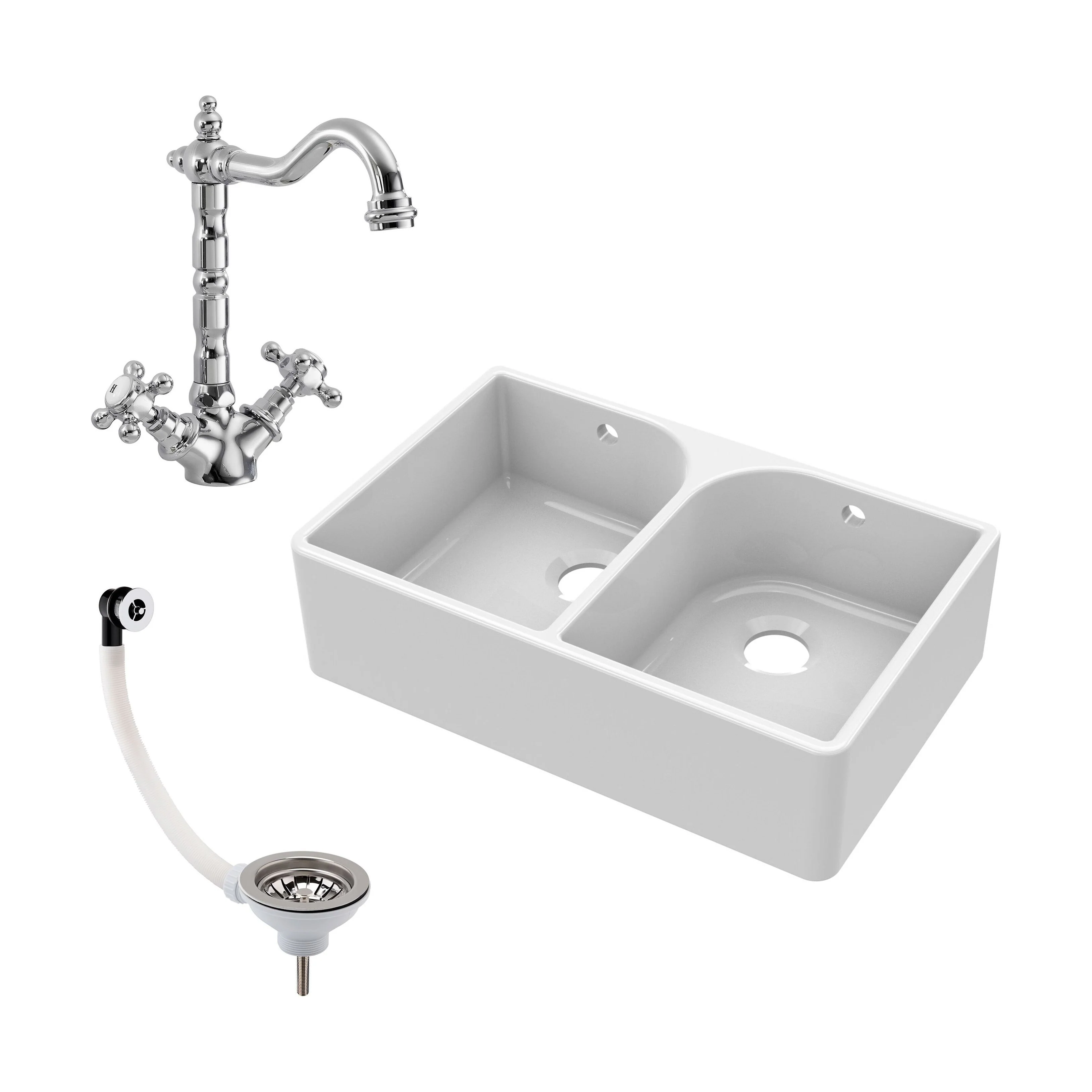 Double Bowl Butler Sink with Overflow - Choice of Tap and Waste - 795mm - Image 25