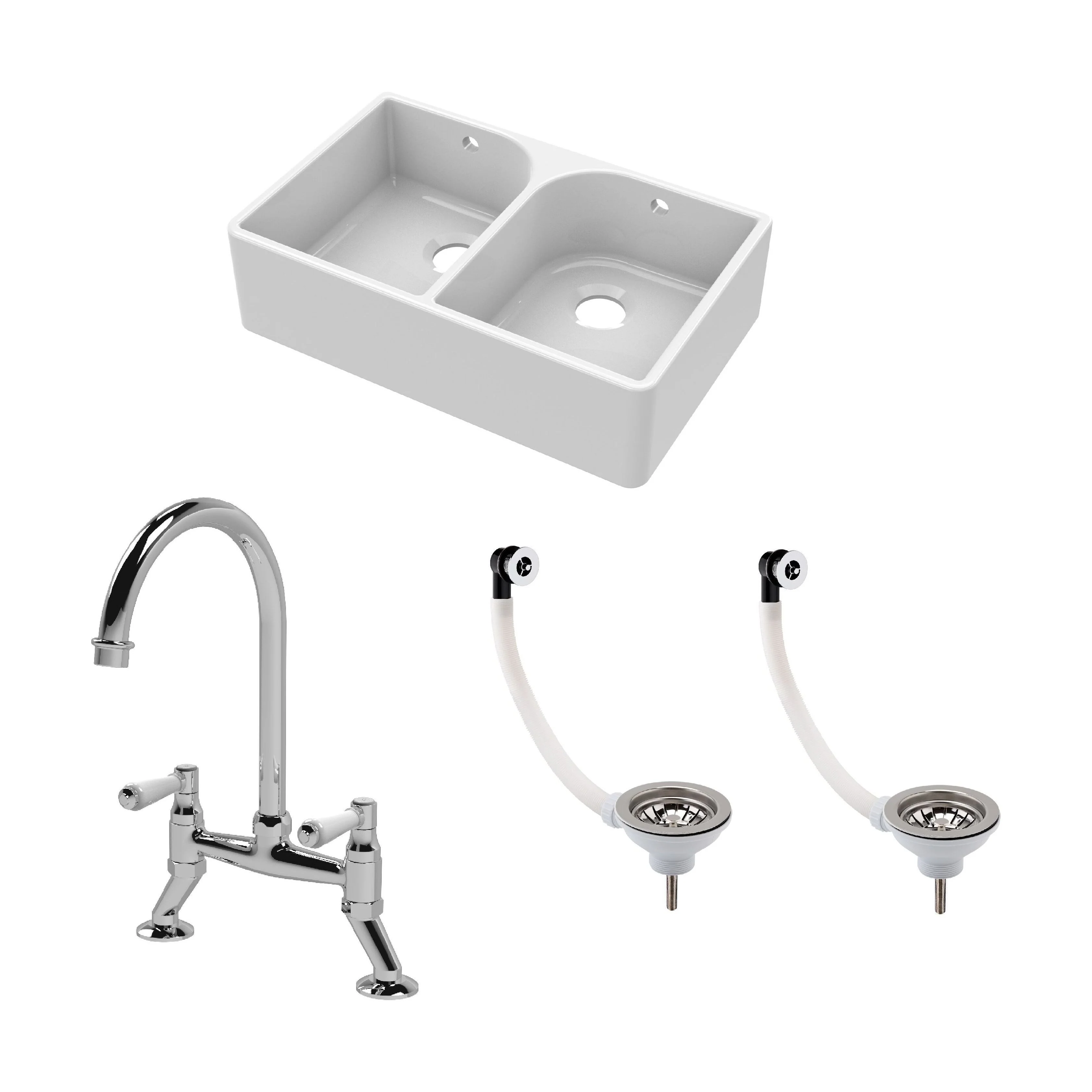 Double Bowl Butler Sink with Overflow - Choice of Tap and Waste - 795mm - Image 26
