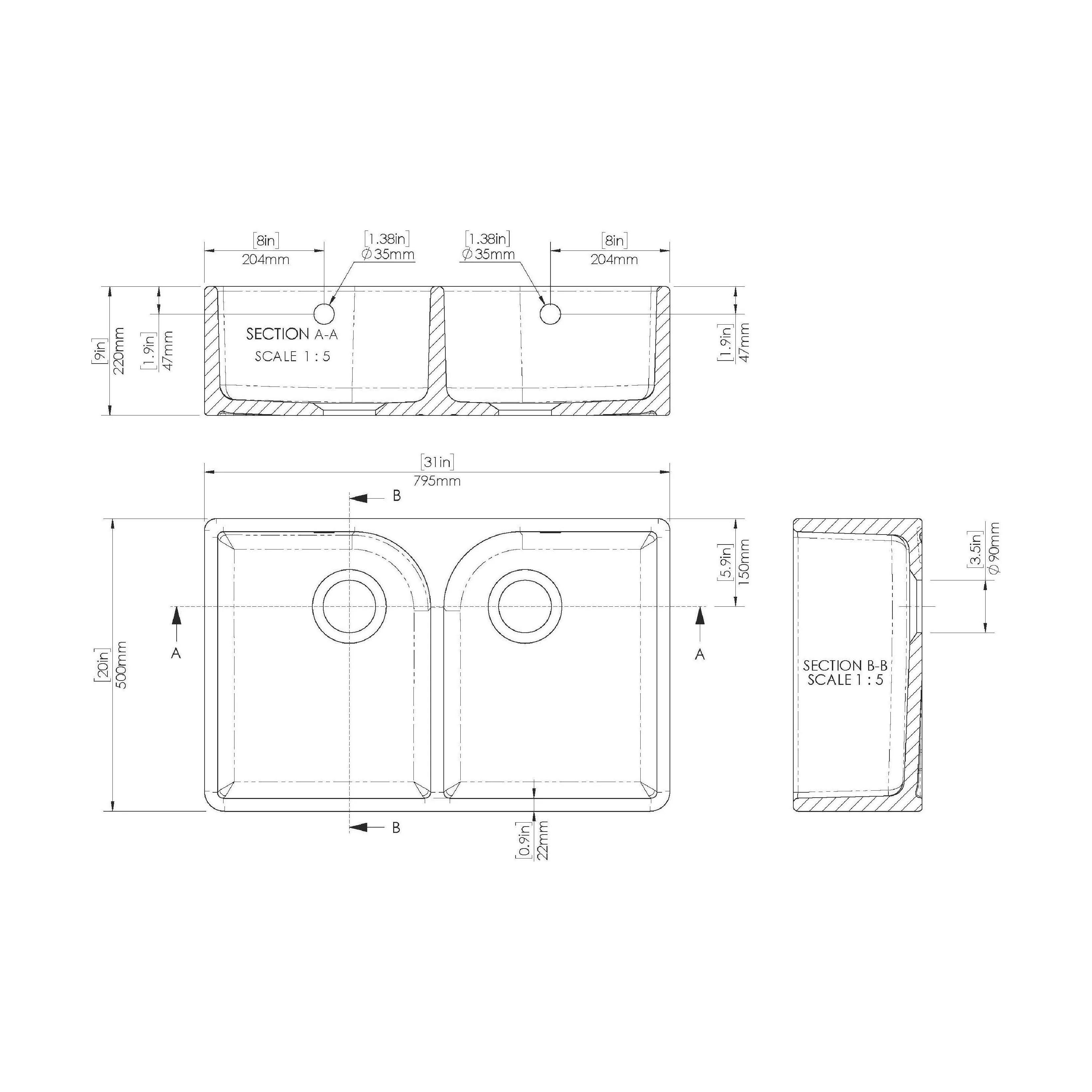 Double Bowl Butler Sink with Overflow - Choice of Tap and Waste - 795mm - Image 29