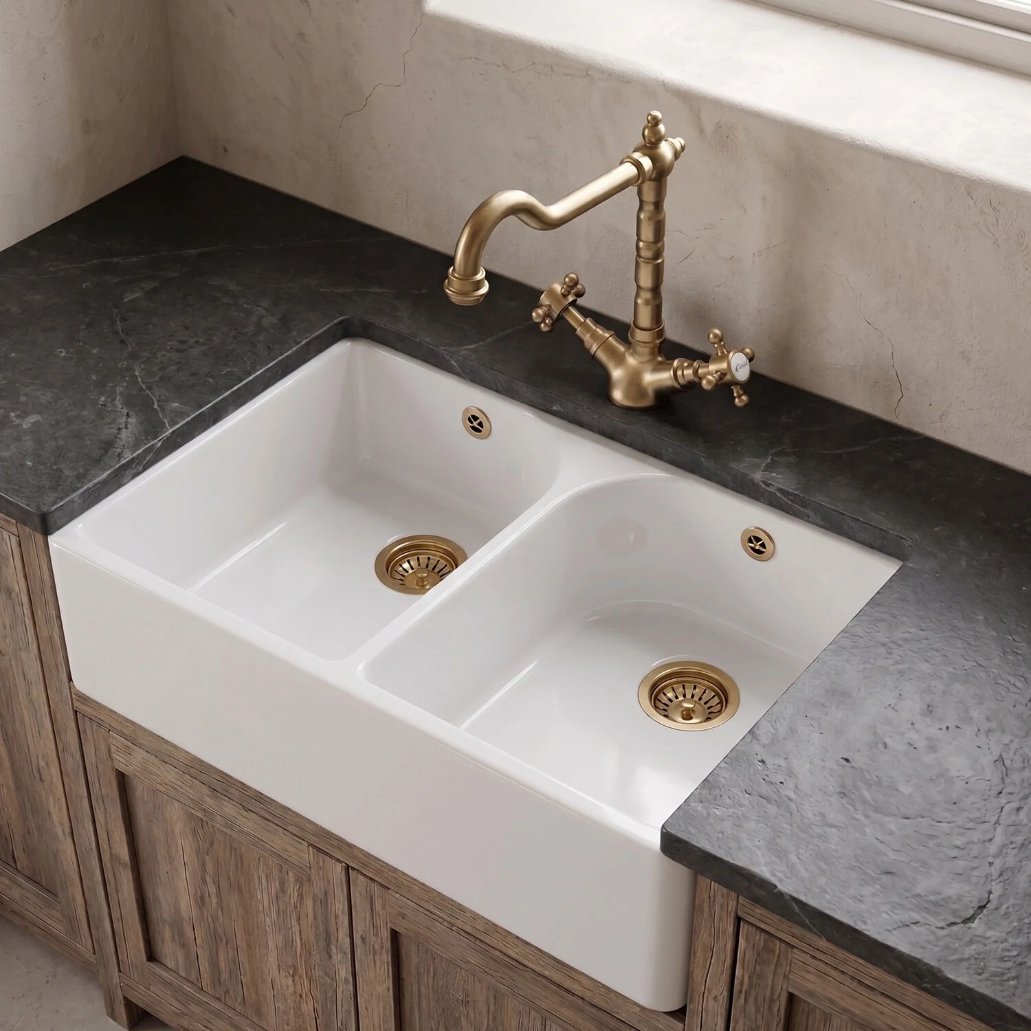 Double Bowl Butler Sink with Overflow - Choice of Tap and Waste - 795mm - Image 3
