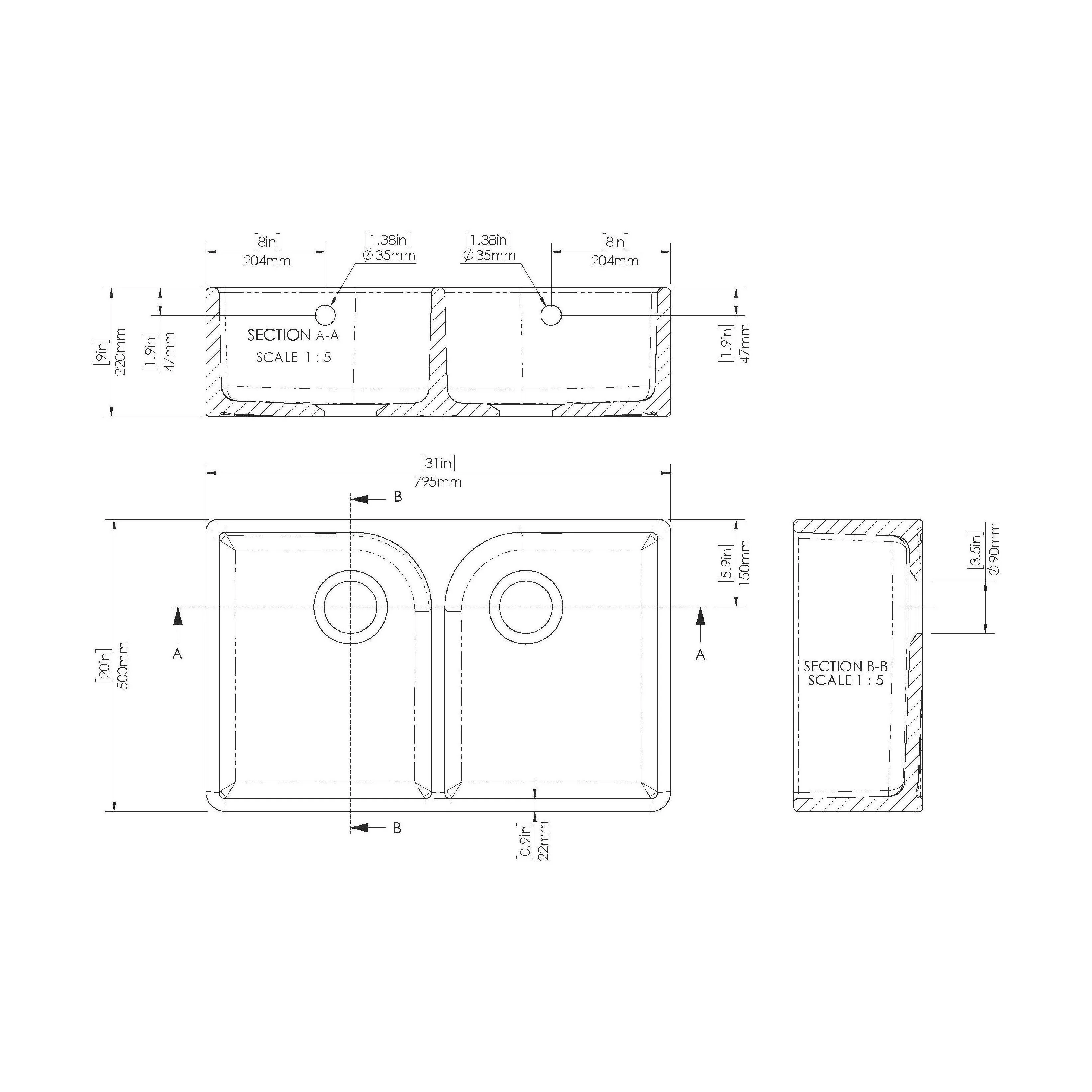 Double Bowl Butler Sink with Overflow - Choice of Tap and Waste - 795mm - Image 32