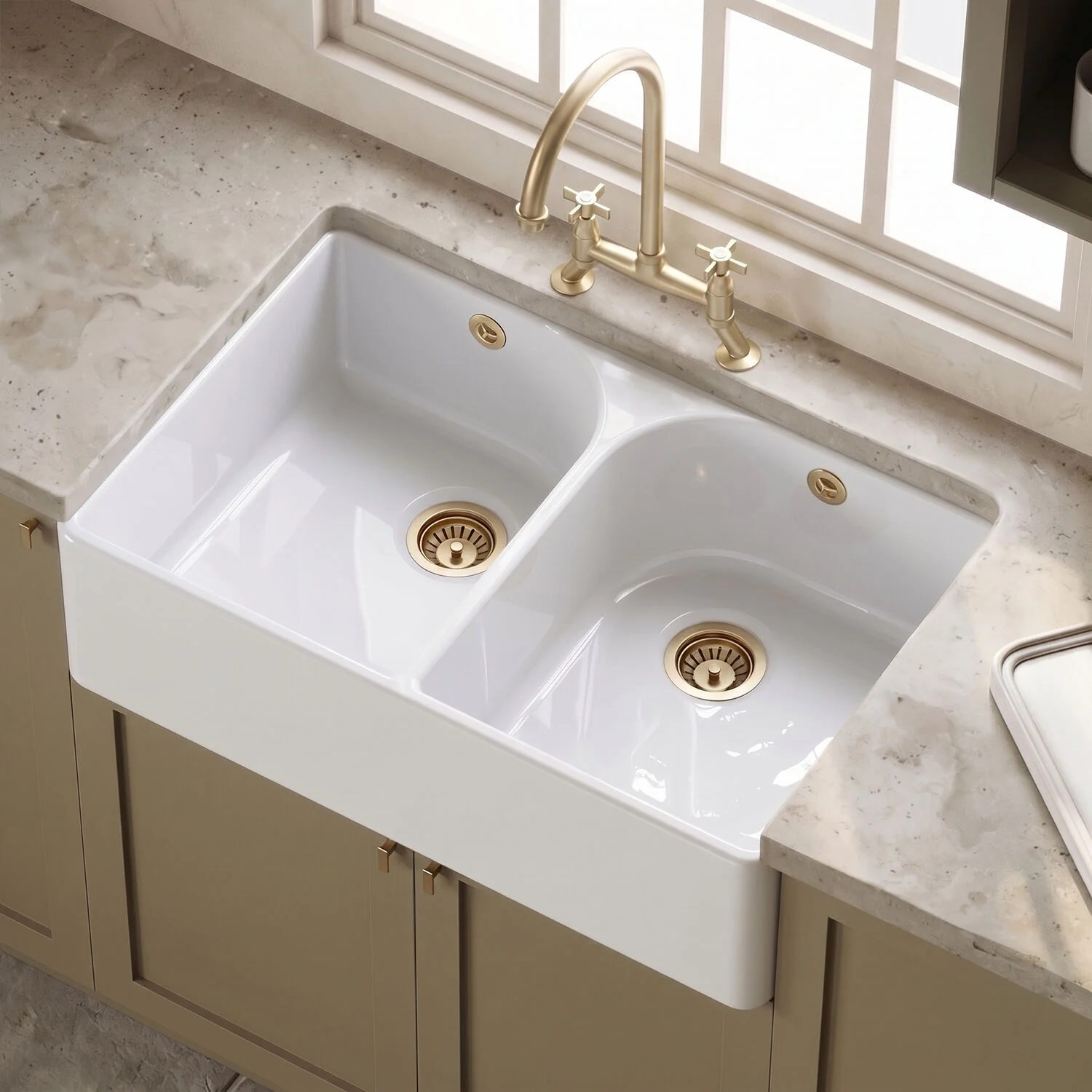 Double Bowl Butler Sink with Overflow - Choice of Tap and Waste - 795mm - Image 4