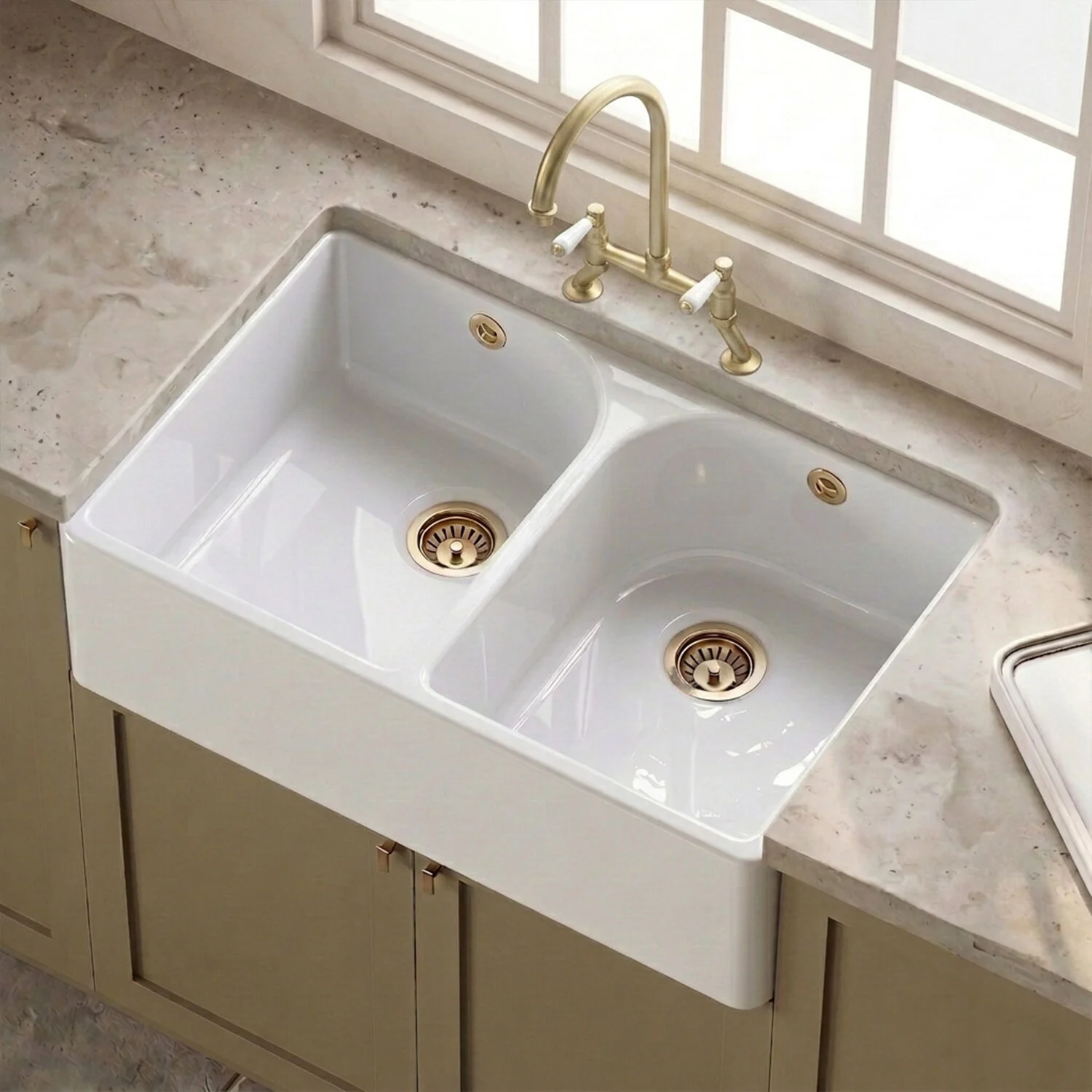 Double Bowl Butler Sink with Overflow - Choice of Tap and Waste - 795mm - Image 5