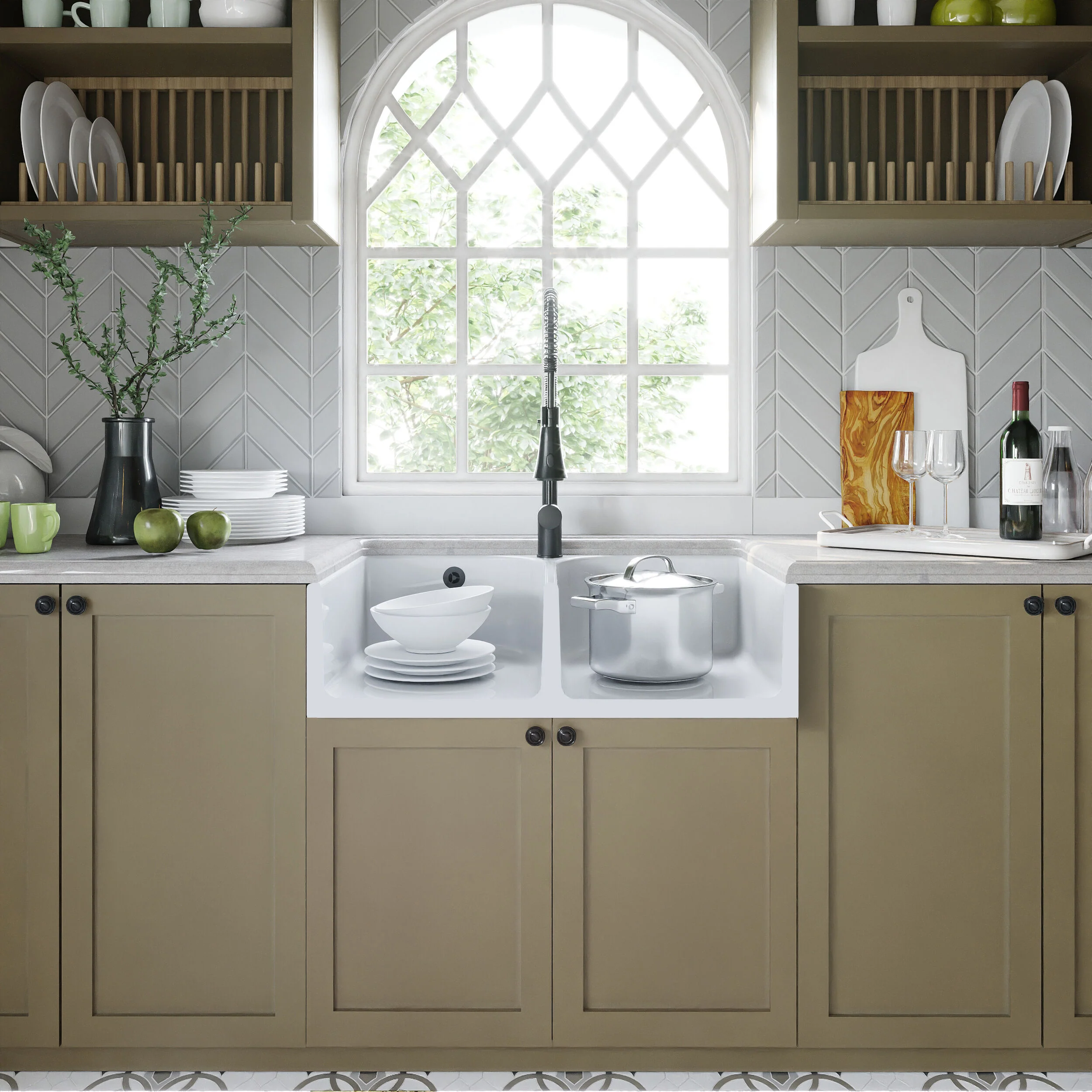 Double Bowl Butler Sink with Overflow - Choice of Tap and Waste - 795mm - Image 6