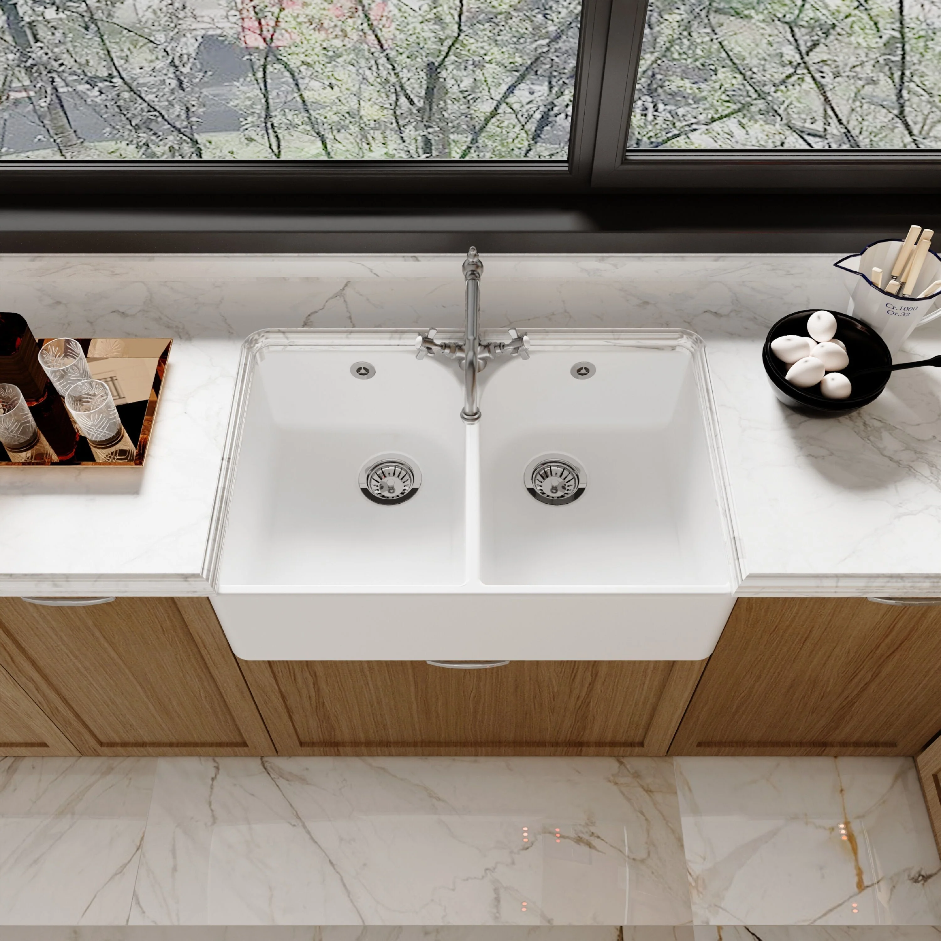 Traditional Double Bowl Fireclay Ceramic Butler Kitchen Sink Bundle with Tap Hole, Weir & Wastes - 795mm - Image 3