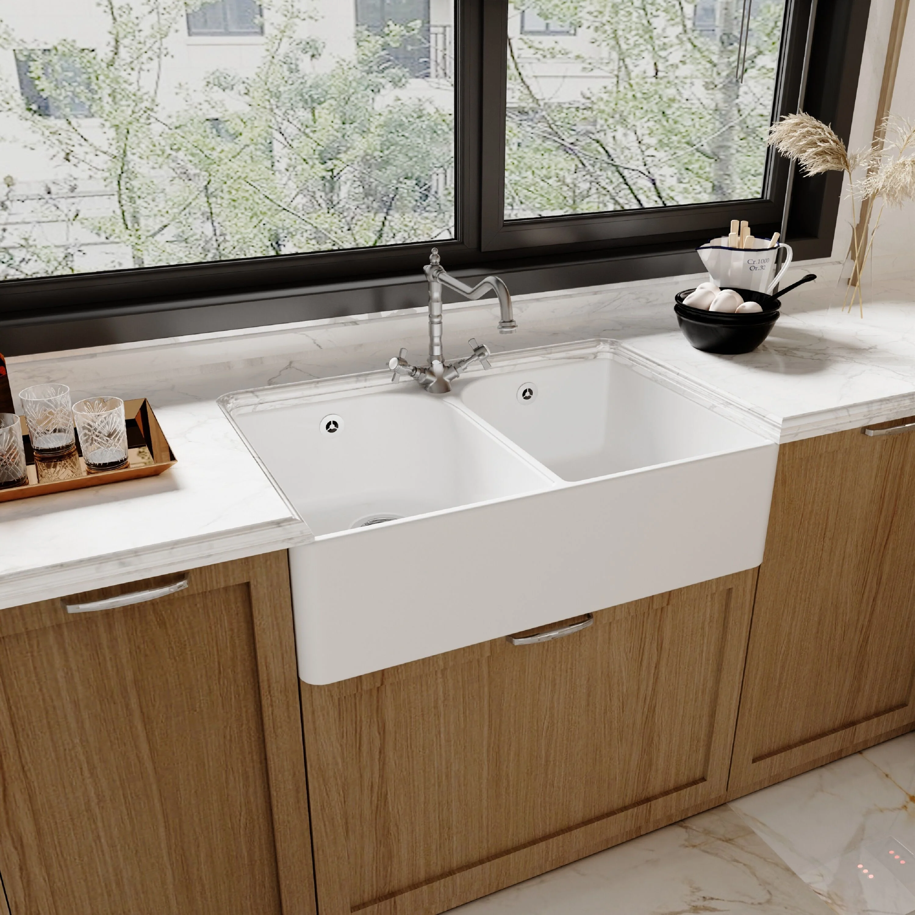 Traditional Double Bowl Fireclay Ceramic Butler Kitchen Sink Bundle with Tap Hole, Weir & Wastes - 795mm - Image 4