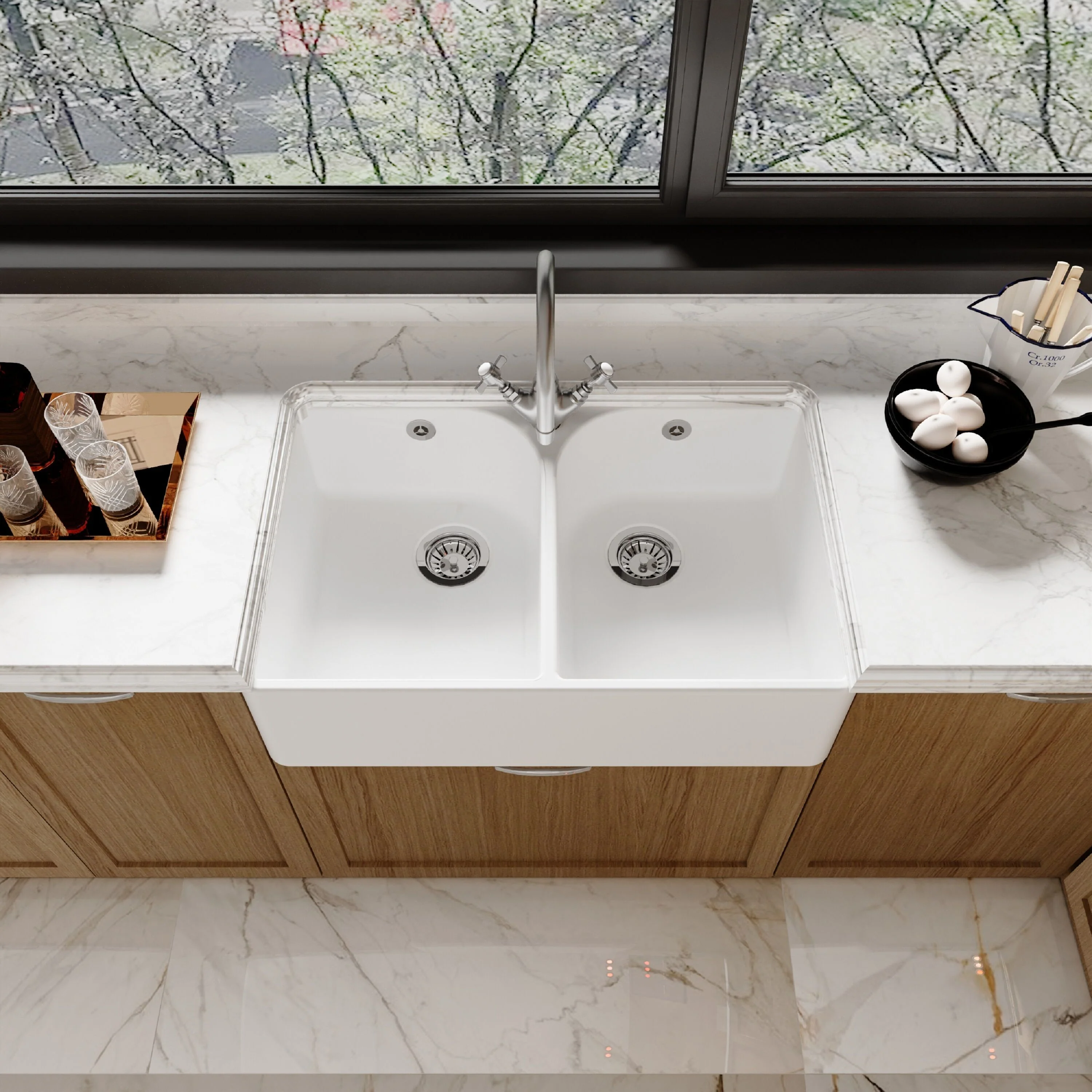 Traditional Double Bowl Fireclay Belfast Sink Bundle with Tap Hole & Full Wier, Basket Strainer Waste and Mono Mixer Tap - Image 3
