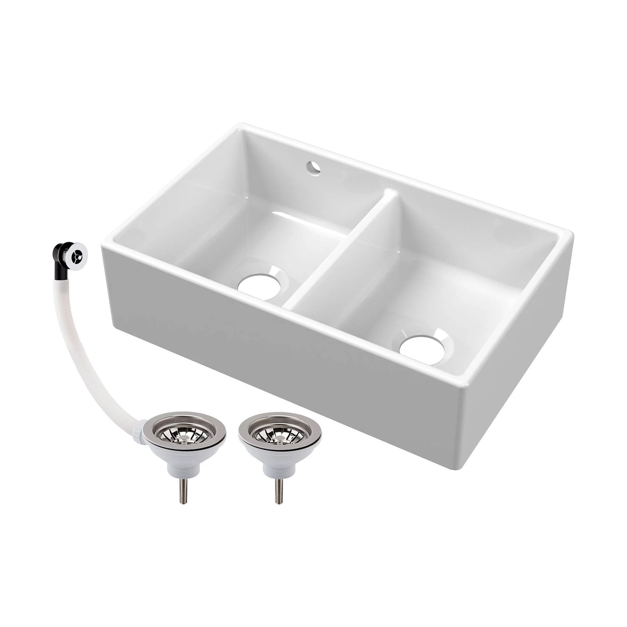 Double Bowl Fireclay Butler Kitchen Sink with Stepped Weir and Overflow - 795mm - Choice of Wastes