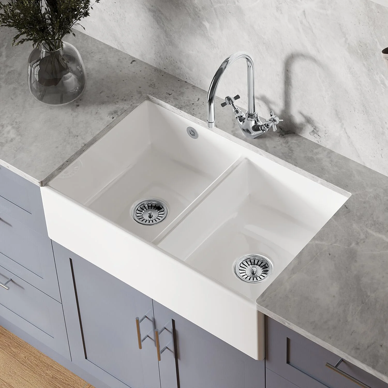 Double Bowl Fireclay Butler Kitchen Sink with Stepped Weir and Overflow - 795mm - Choice of Wastes - Image 10