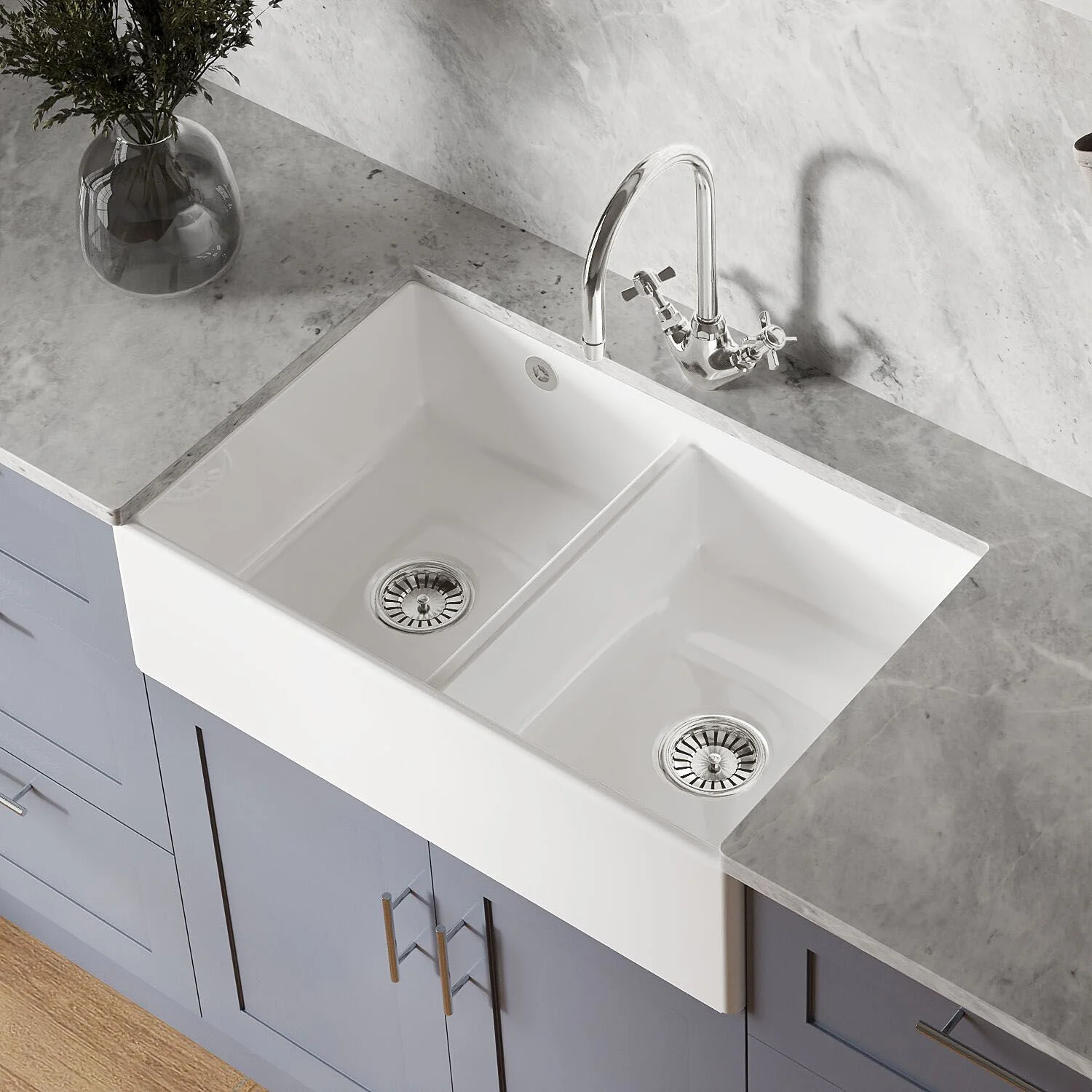 Double Bowl Fireclay Butler Kitchen Sink with Stepped Weir and Overflow - 795mm - Choice of Wastes - Image 12
