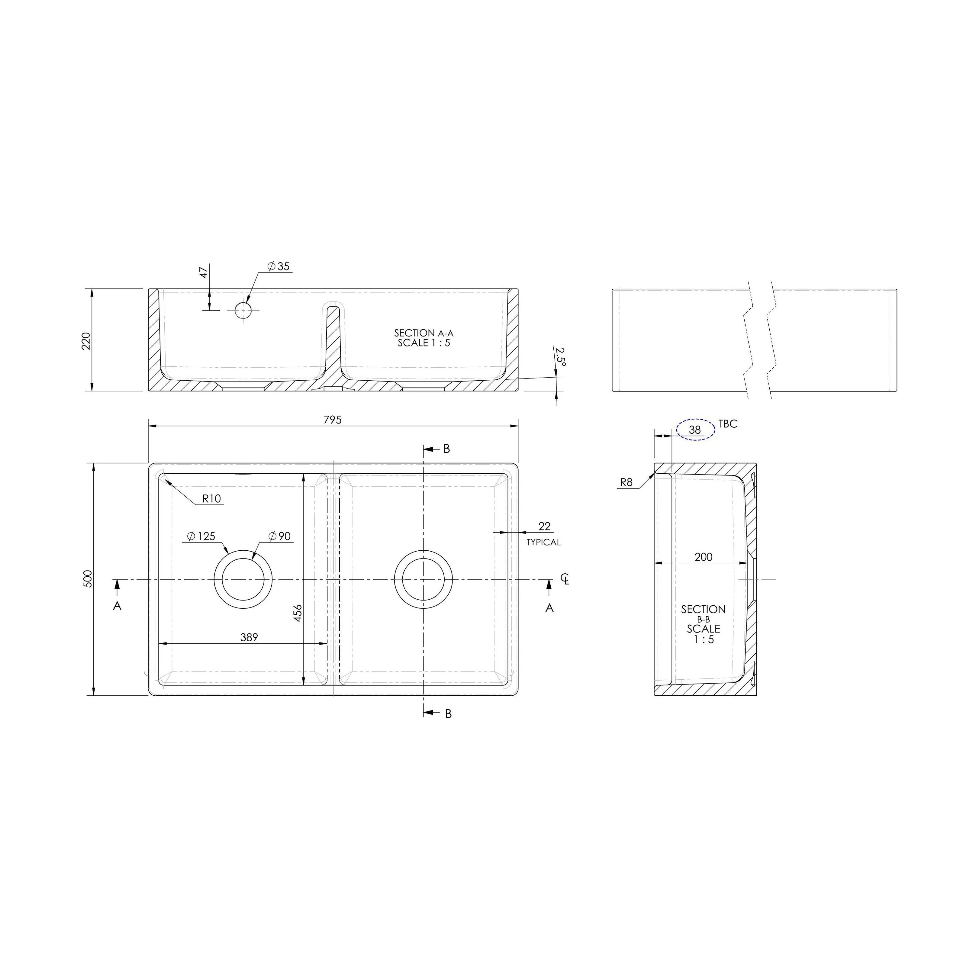 Double Bowl Fireclay Butler Kitchen Sink with Stepped Weir and Overflow - 795mm - Choice of Wastes - Image 15