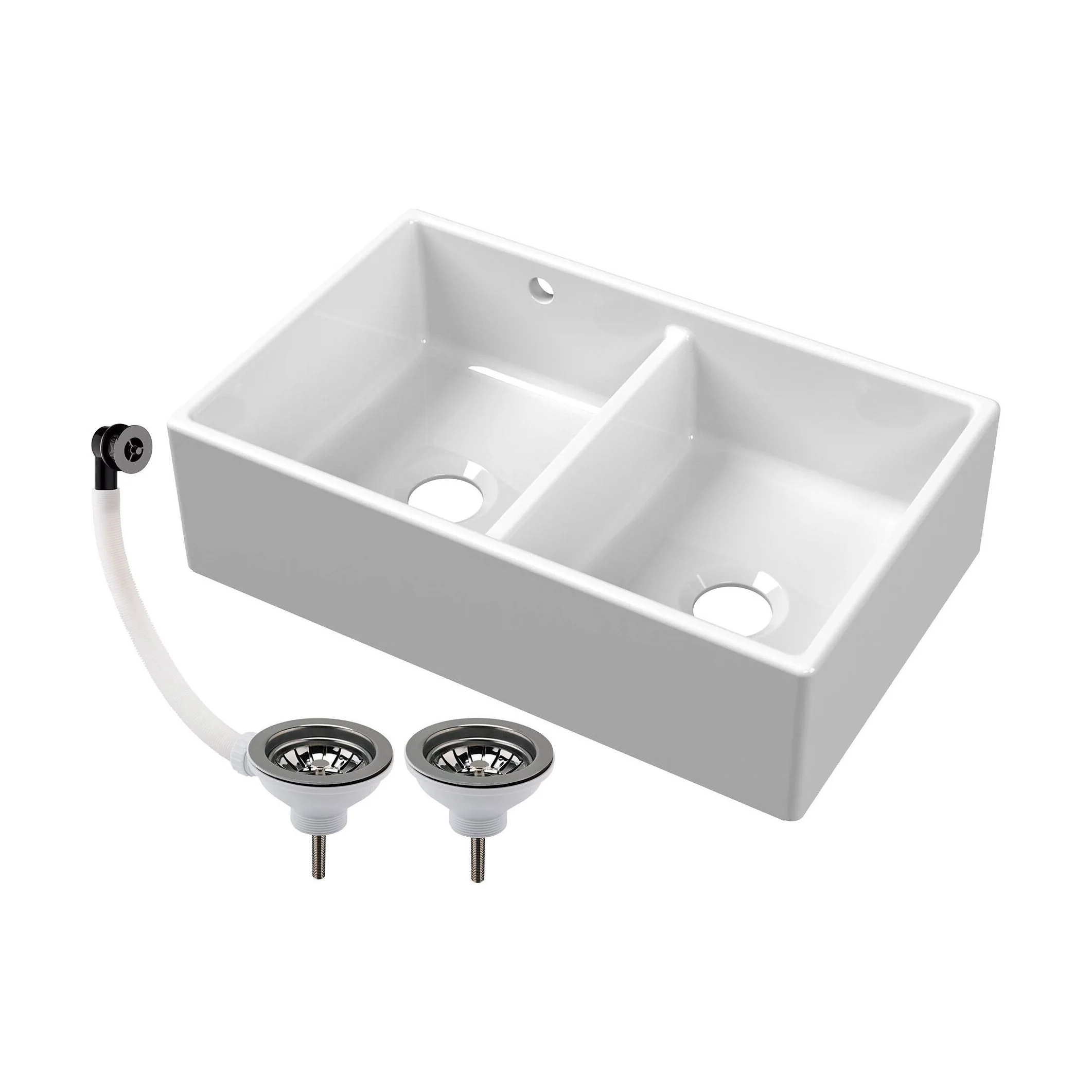 Double Bowl Fireclay Butler Kitchen Sink with Stepped Weir and Overflow - 795mm - Choice of Wastes - Image 3