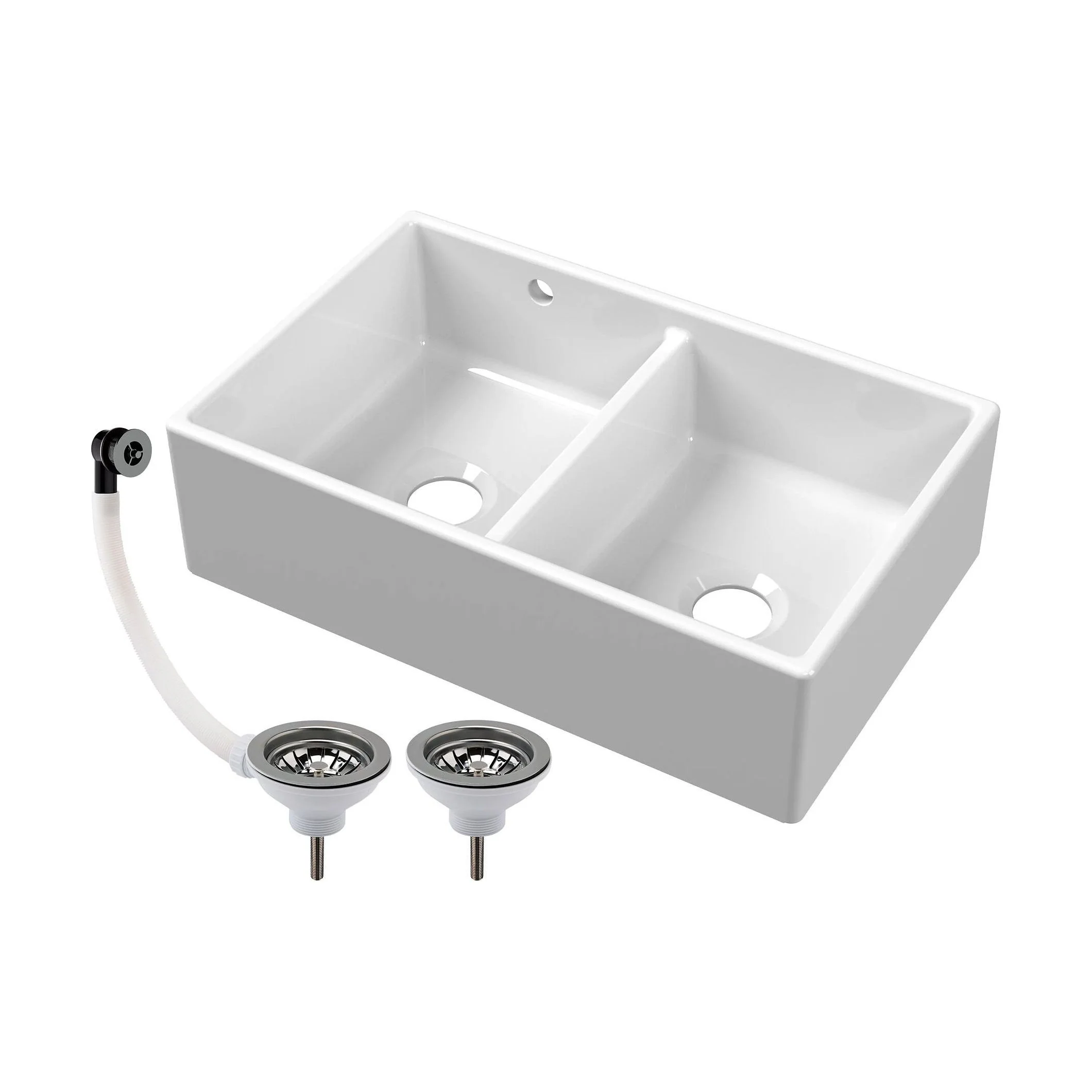 Double Bowl Fireclay Butler Kitchen Sink with Stepped Weir and Overflow - 795mm - Choice of Wastes - Image 4