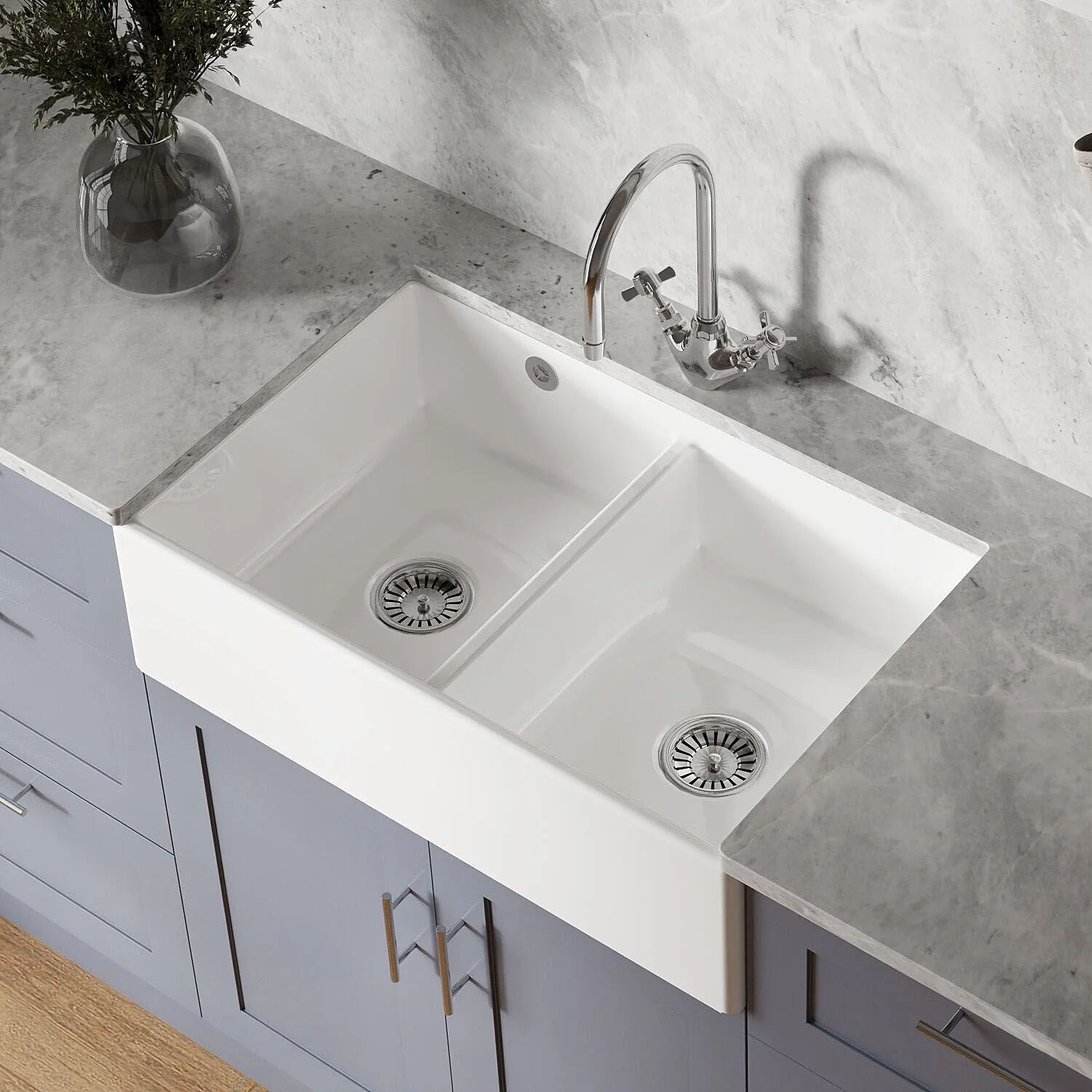 Double Bowl Fireclay Butler Kitchen Sink with Stepped Weir and Overflow - 795mm - Choice of Wastes - Image 6