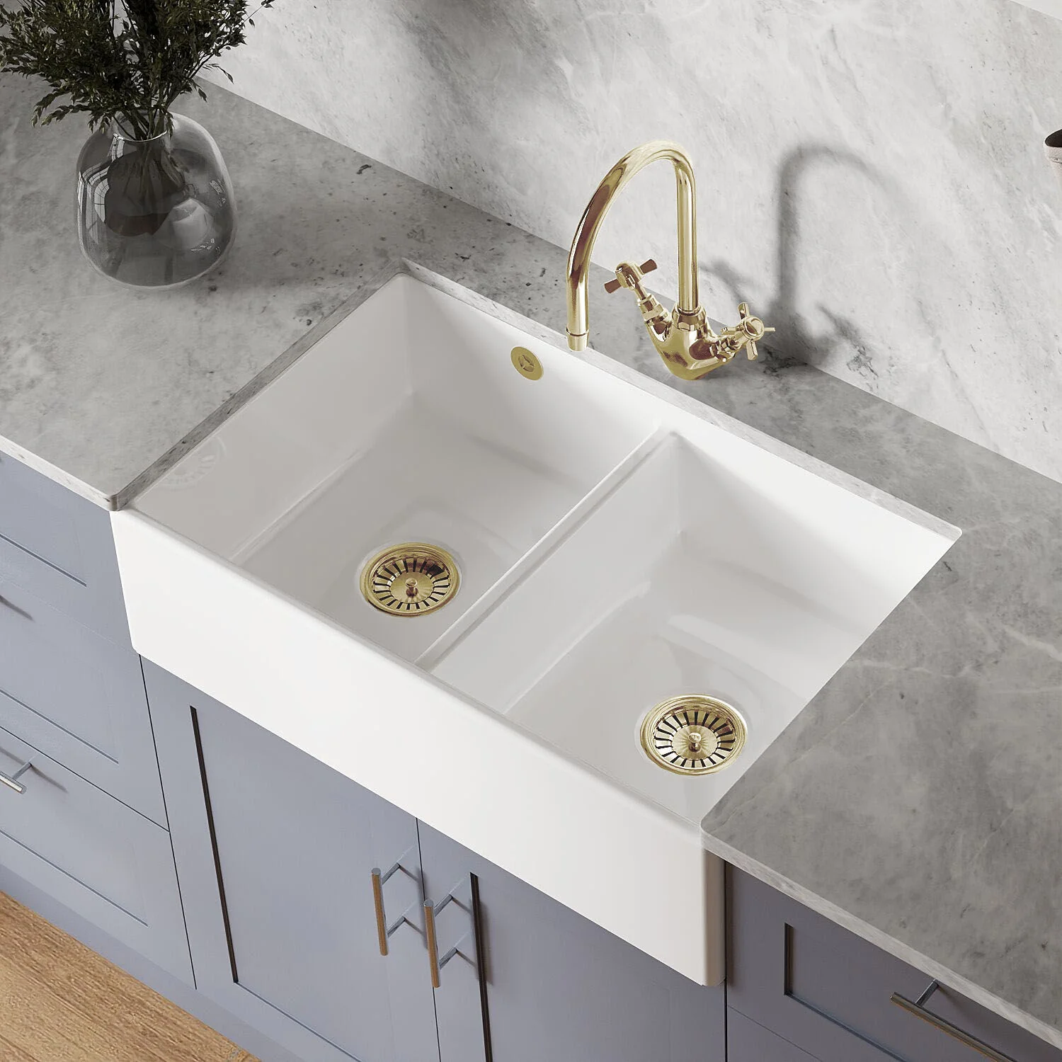 Double Bowl Fireclay Butler Kitchen Sink with Stepped Weir and Overflow - 795mm - Choice of Wastes - Image 8