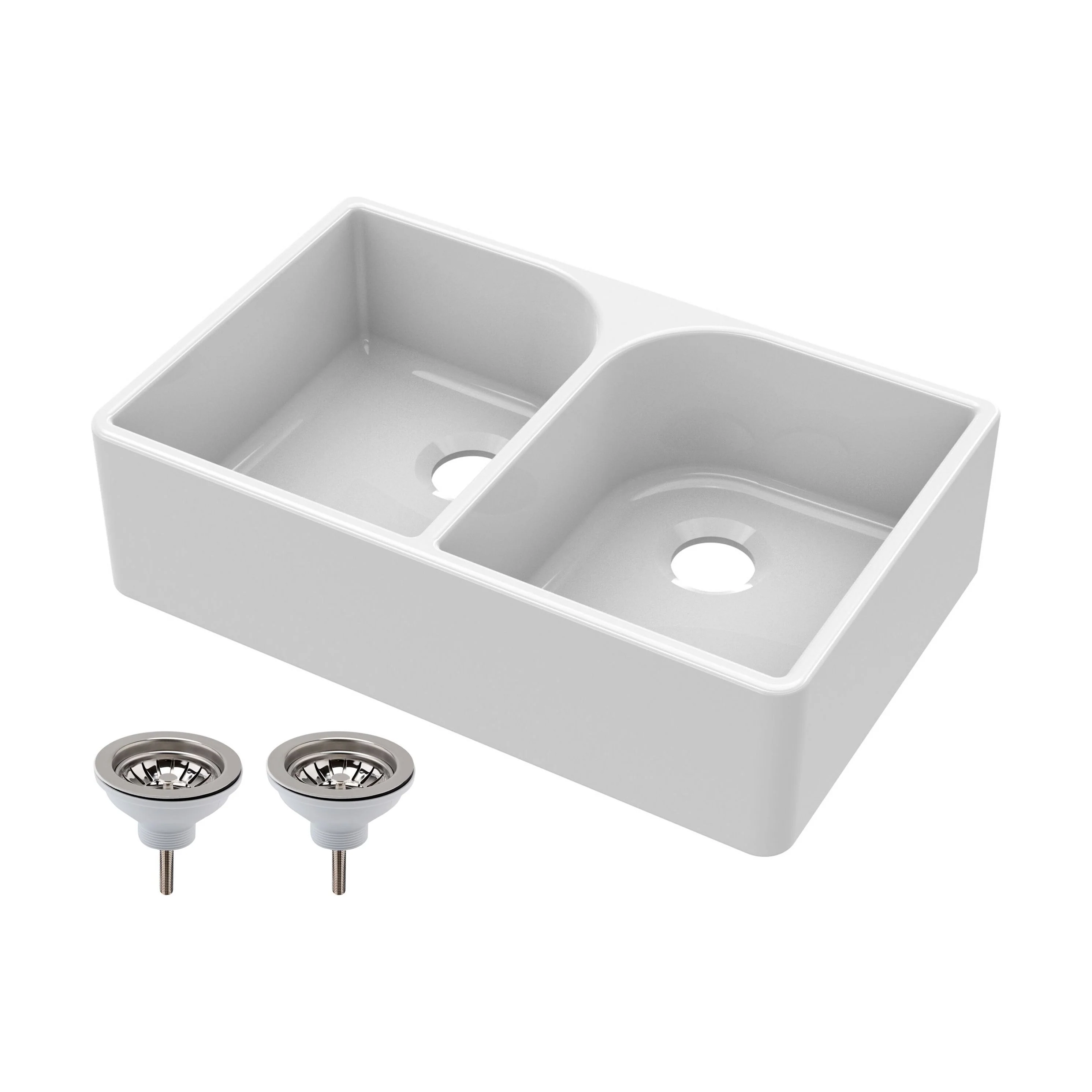 Traditional Double Bowl Fireclay Ceramic Butler Kitchen Sink with Full Weir and Chrome Basket Strainer Wastes - 795mm