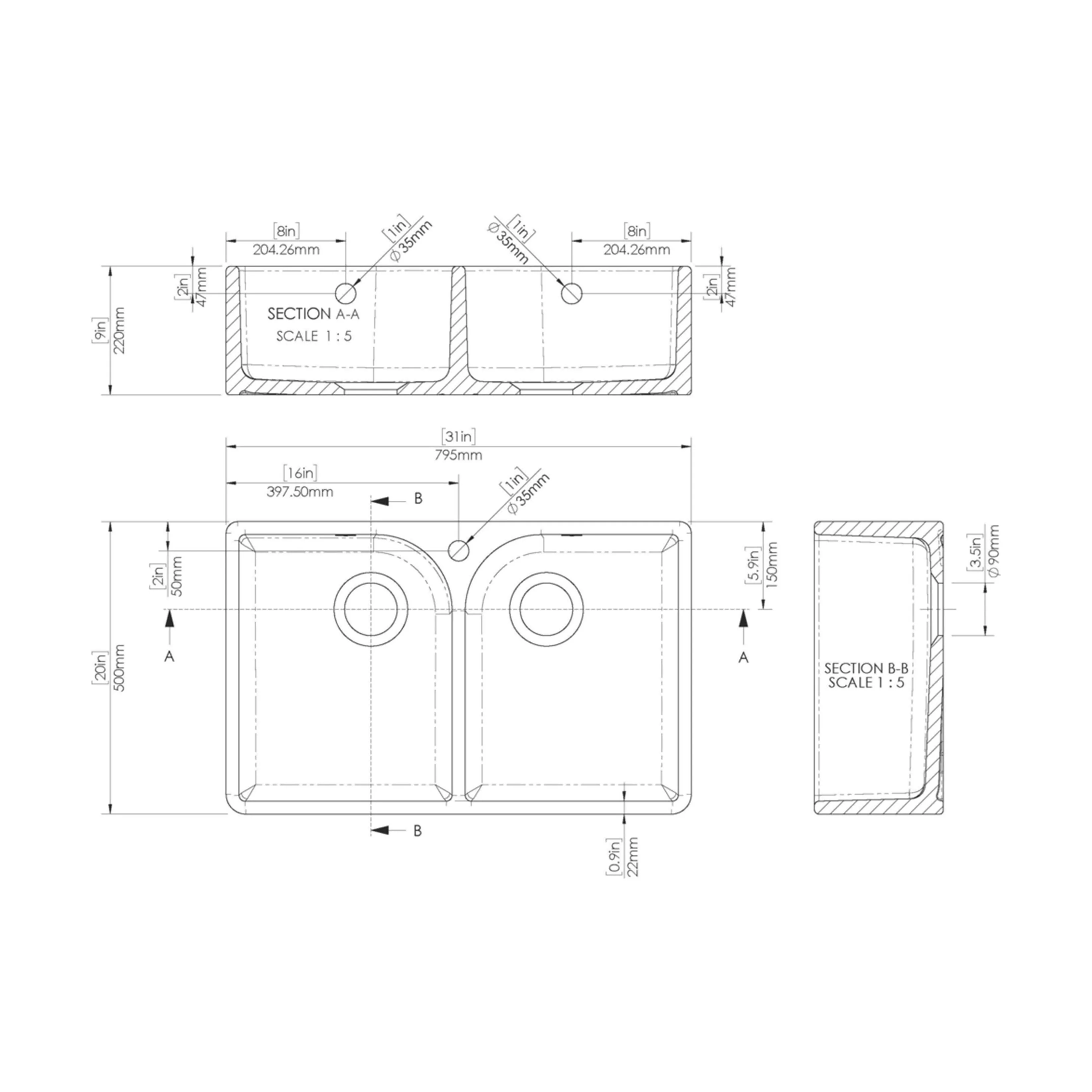 Double Bowl Fireclay Ceramic Butler Kitchen Sink with Full Weir, Tap Hole and Chrome Basket Strainer Wastes with Overflow - 795mm - Image 5