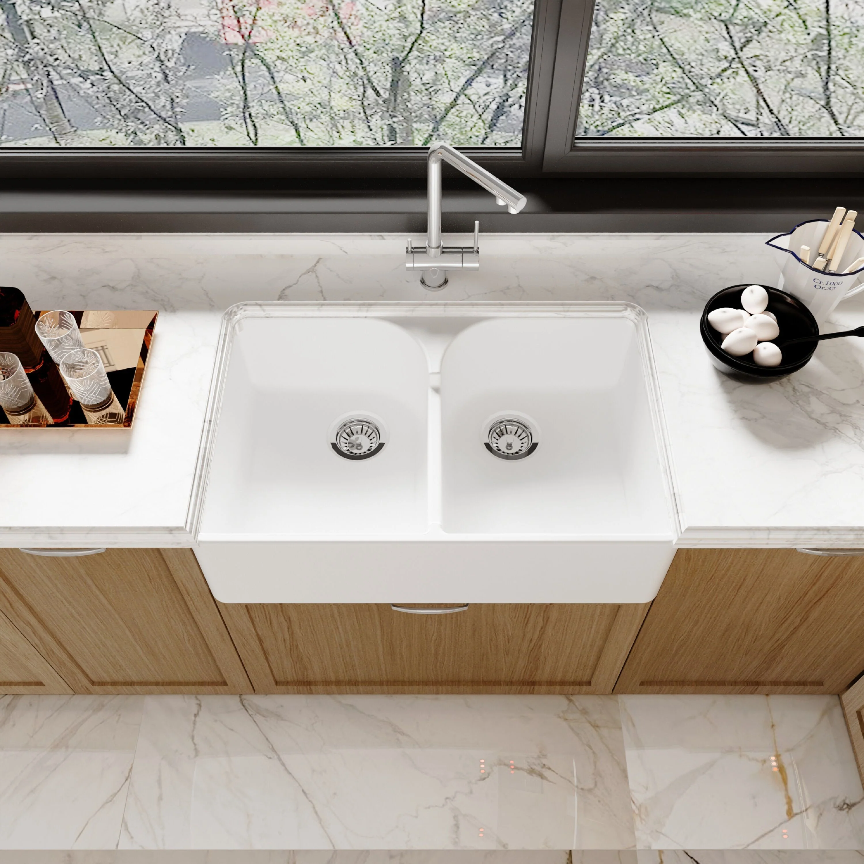 Traditional Double Bowl Fireclay Ceramic Butler Kitchen Sink with Stepped Weir and Chrome Basket Strainer Wastes - 795mm - Image 3