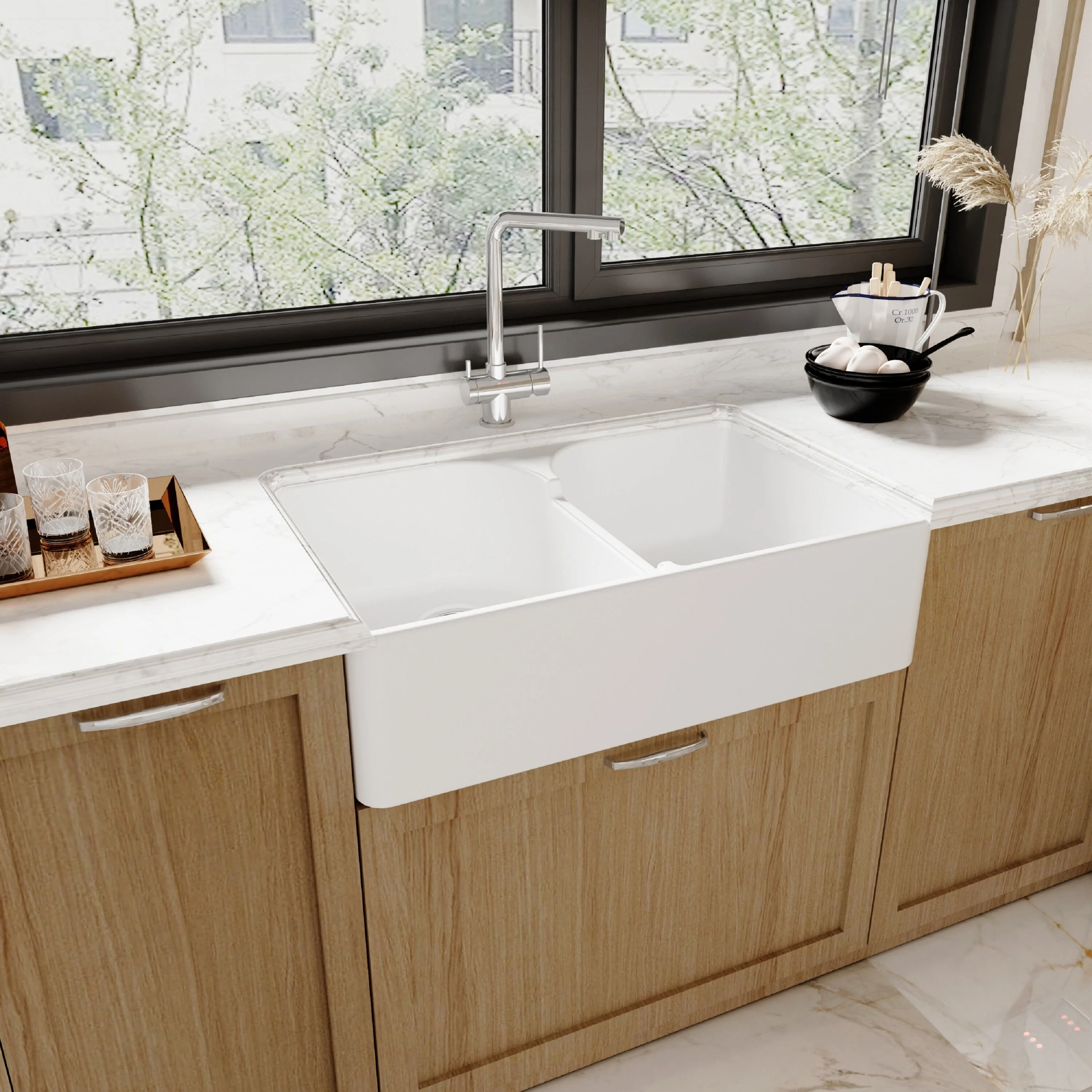 Traditional Double Bowl Fireclay Ceramic Butler Kitchen Sink with Stepped Weir and Chrome Basket Strainer Wastes - 795mm - Image 4