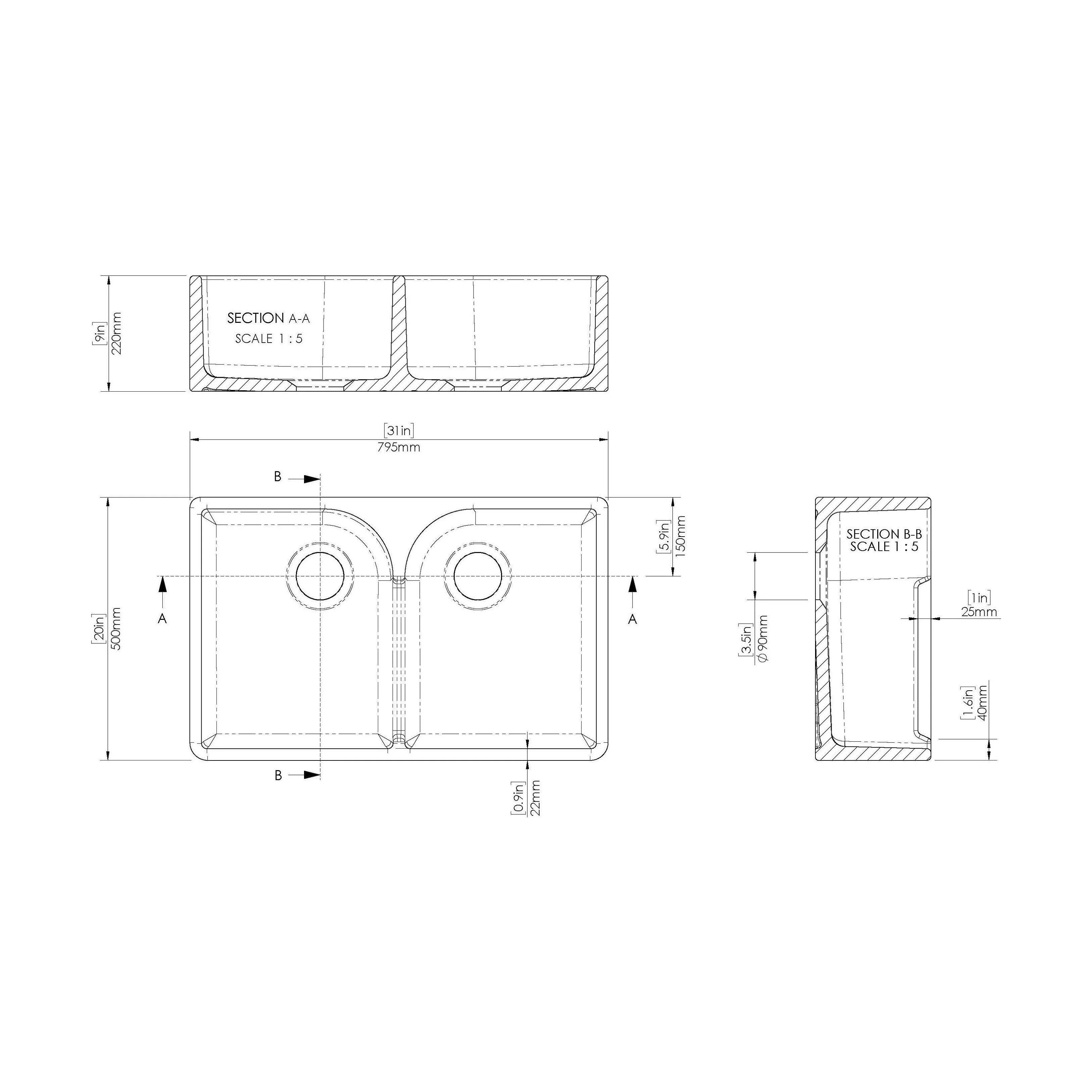 Traditional Double Bowl Fireclay Ceramic Butler Kitchen Sink with Stepped Weir and Chrome Basket Strainer Wastes - 795mm - Image 5