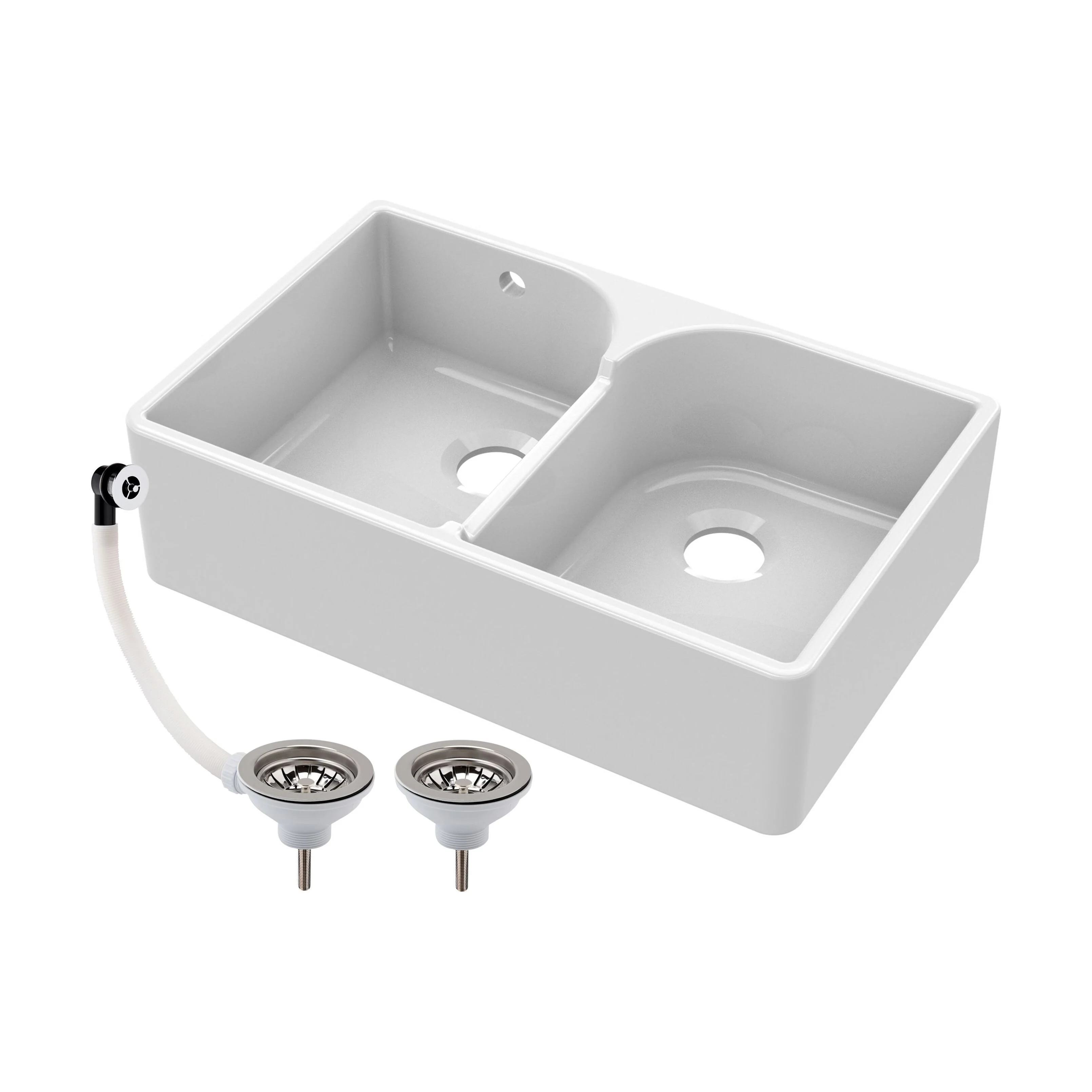 Traditional Double Bowl Fireclay Ceramic Butler Kitchen Sink with Stepped Weir & Wastes - 795mm