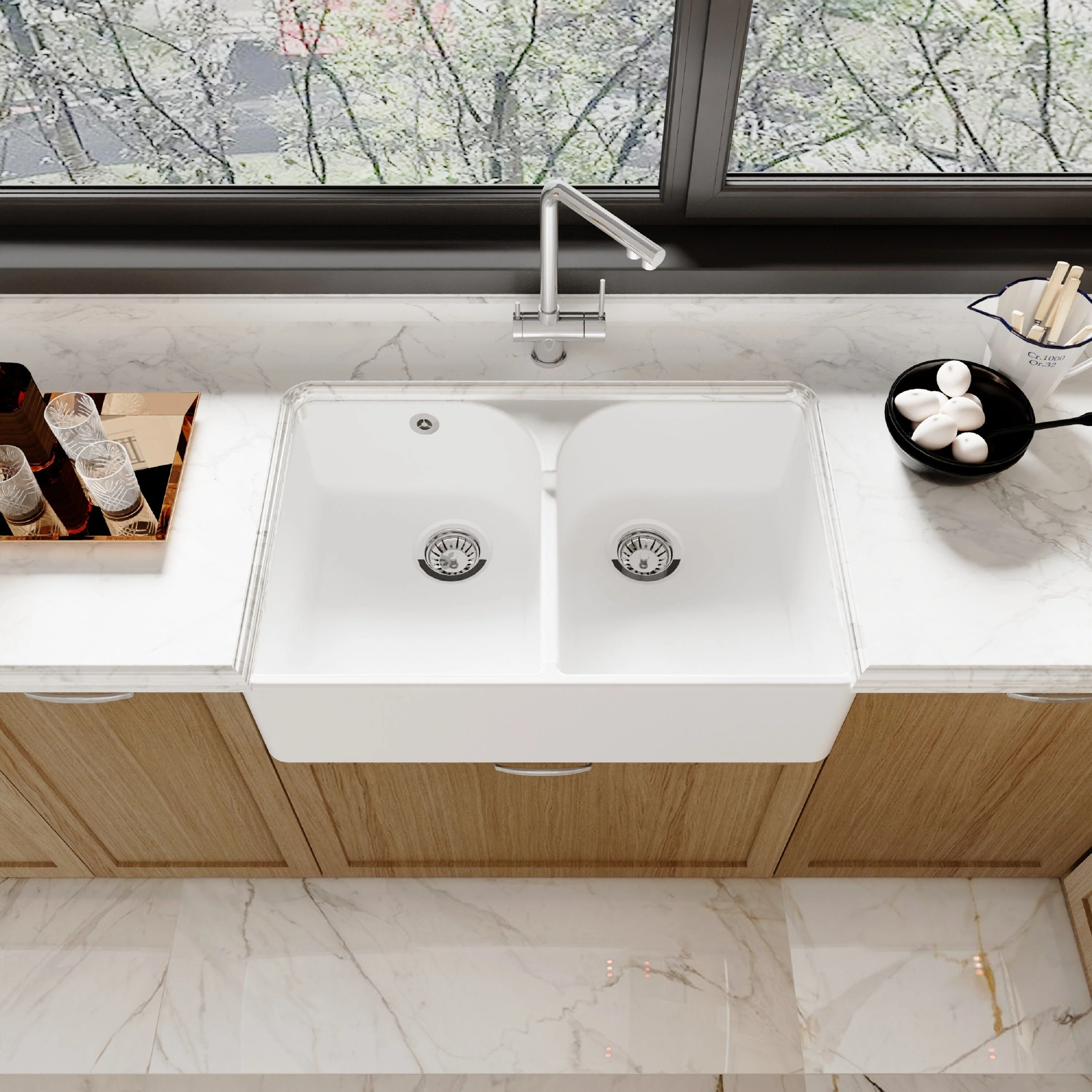 Traditional Double Bowl Fireclay Ceramic Butler Kitchen Sink with Stepped Weir & Wastes - 795mm - Image 3