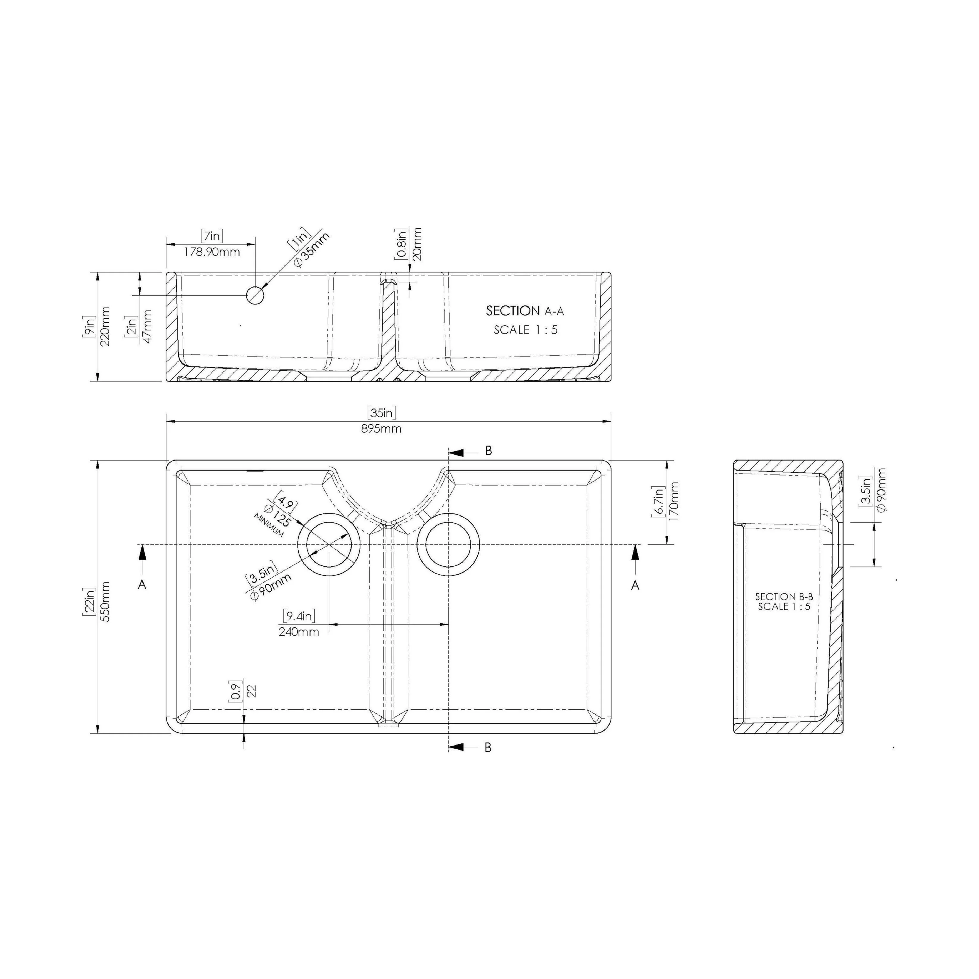 Traditional Double Bowl Fireclay Ceramic Butler Kitchen Sink with Stepped Weir, Tap Ledge & Overflow and Chrome Basket Strainer Wastes - 895mm - Image 5