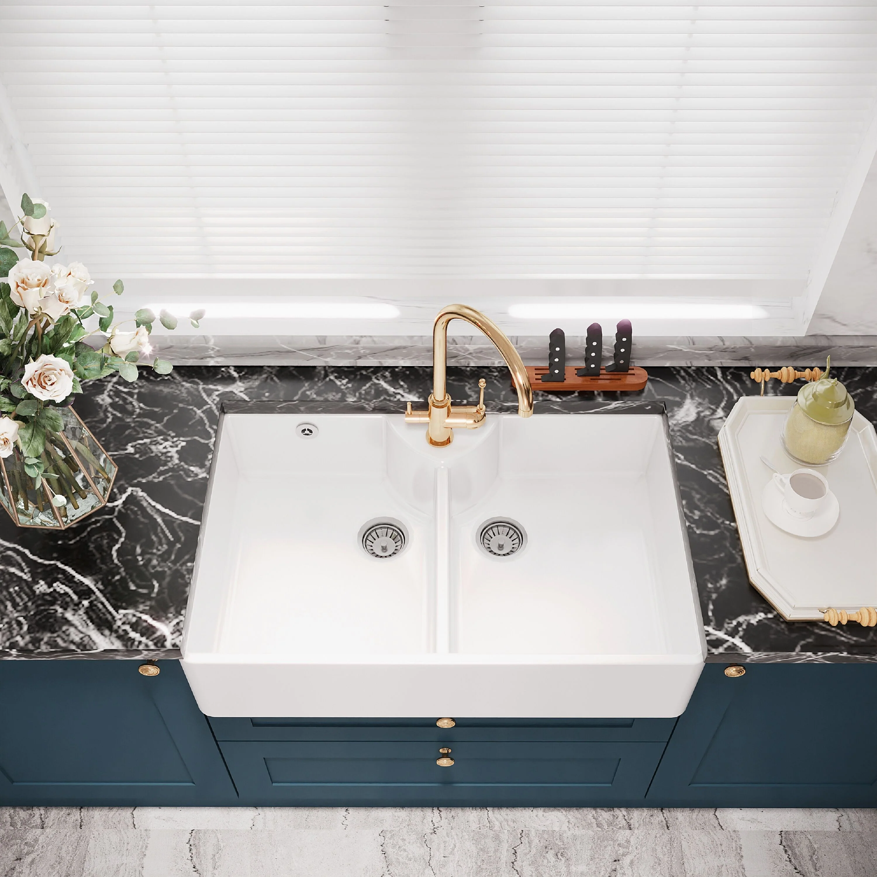 Traditional Double Bowl Fireclay Ceramic Butler Kitchen Sink with Stepped Weir, Tap Hole & Overflow and Chrome Basket Strainer Wastes - 895mm - Image 3