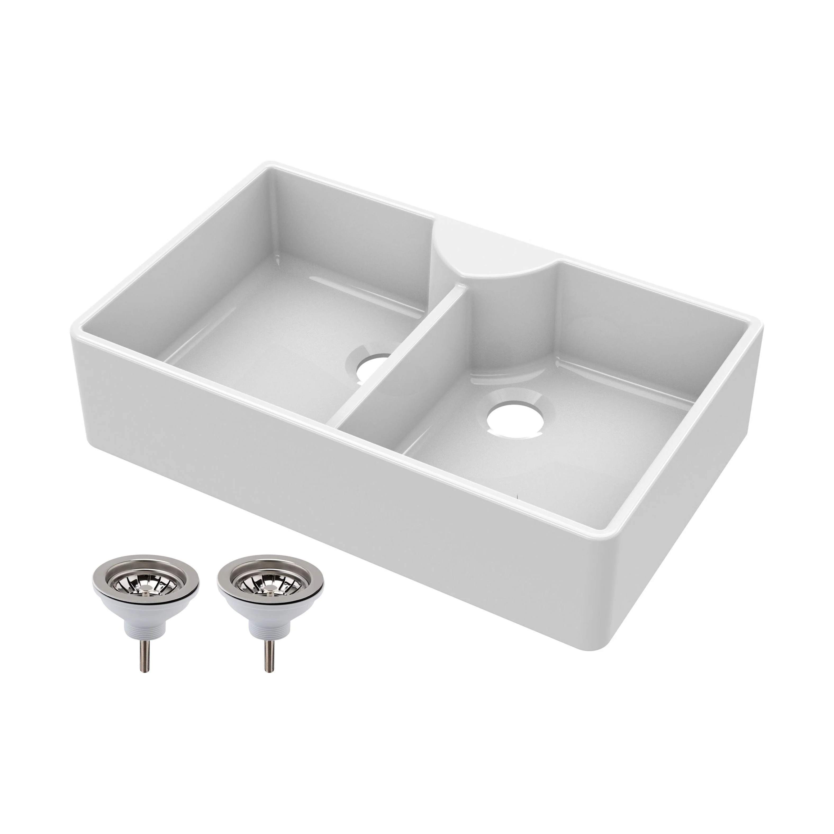 Traditional Double Bowl Fireclay Ceramic Butler Kitchen Sink with Stepped Weir & Tap Ledge and Chrome Basket Strainer Wastes - 895mm
