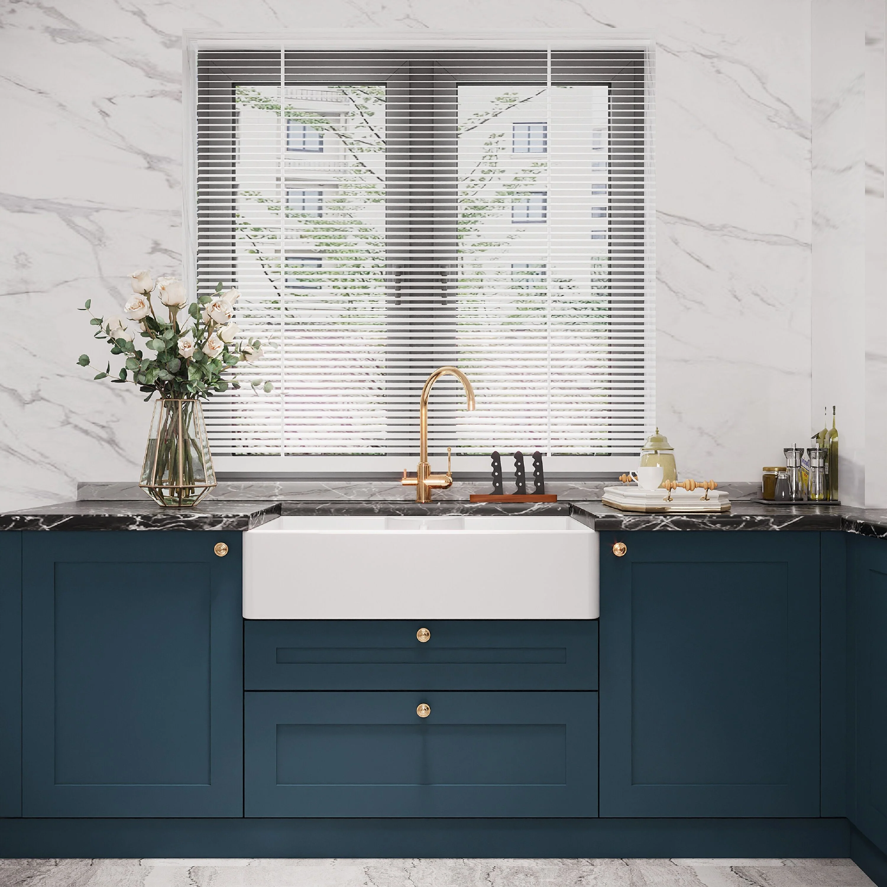 Traditional Double Bowl Fireclay Ceramic Butler Kitchen Sink with Stepped Weir & Tap Ledge and Chrome Basket Strainer Wastes - 895mm - Image 2