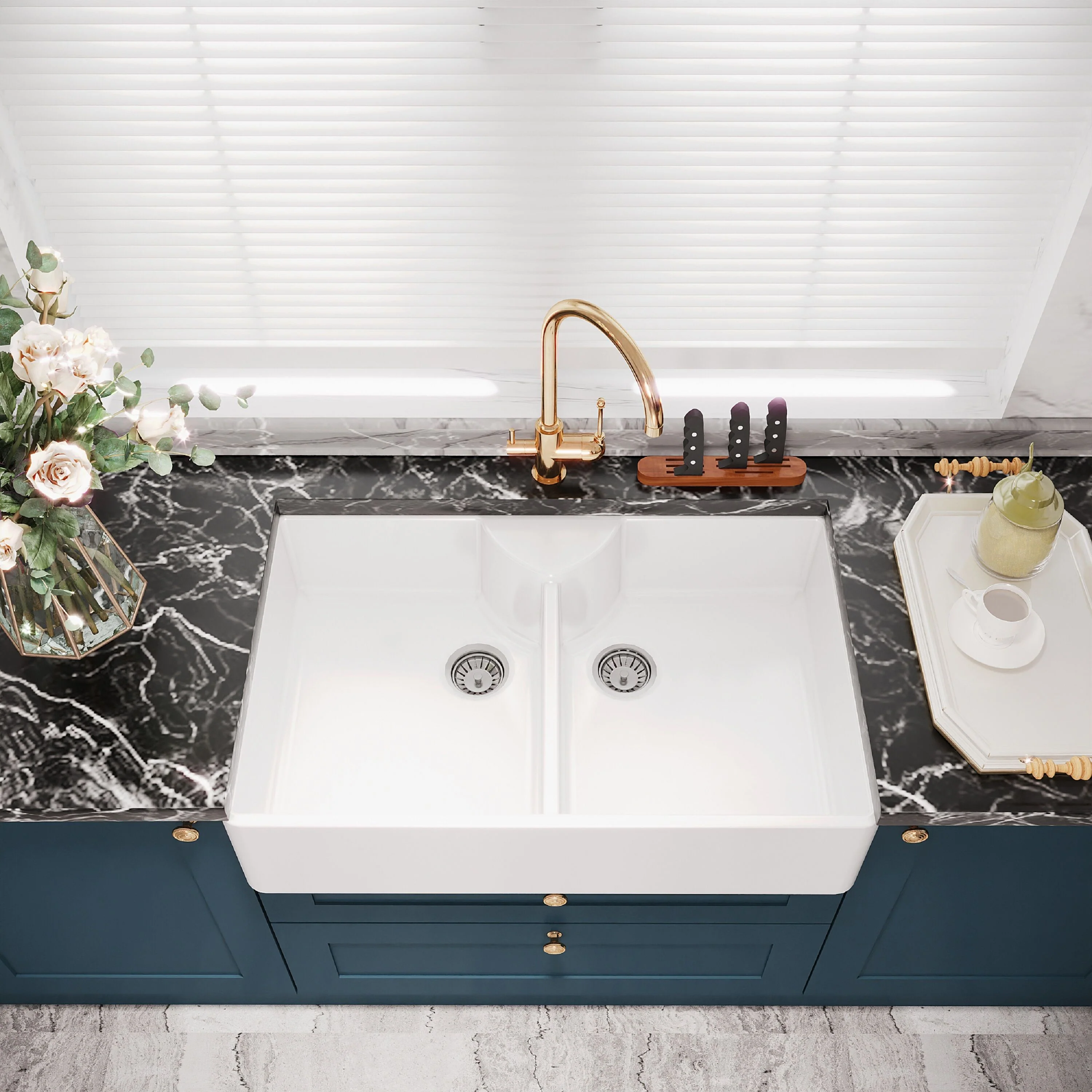 Traditional Double Bowl Fireclay Ceramic Butler Kitchen Sink with Stepped Weir & Tap Ledge and Chrome Basket Strainer Wastes - 895mm - Image 3