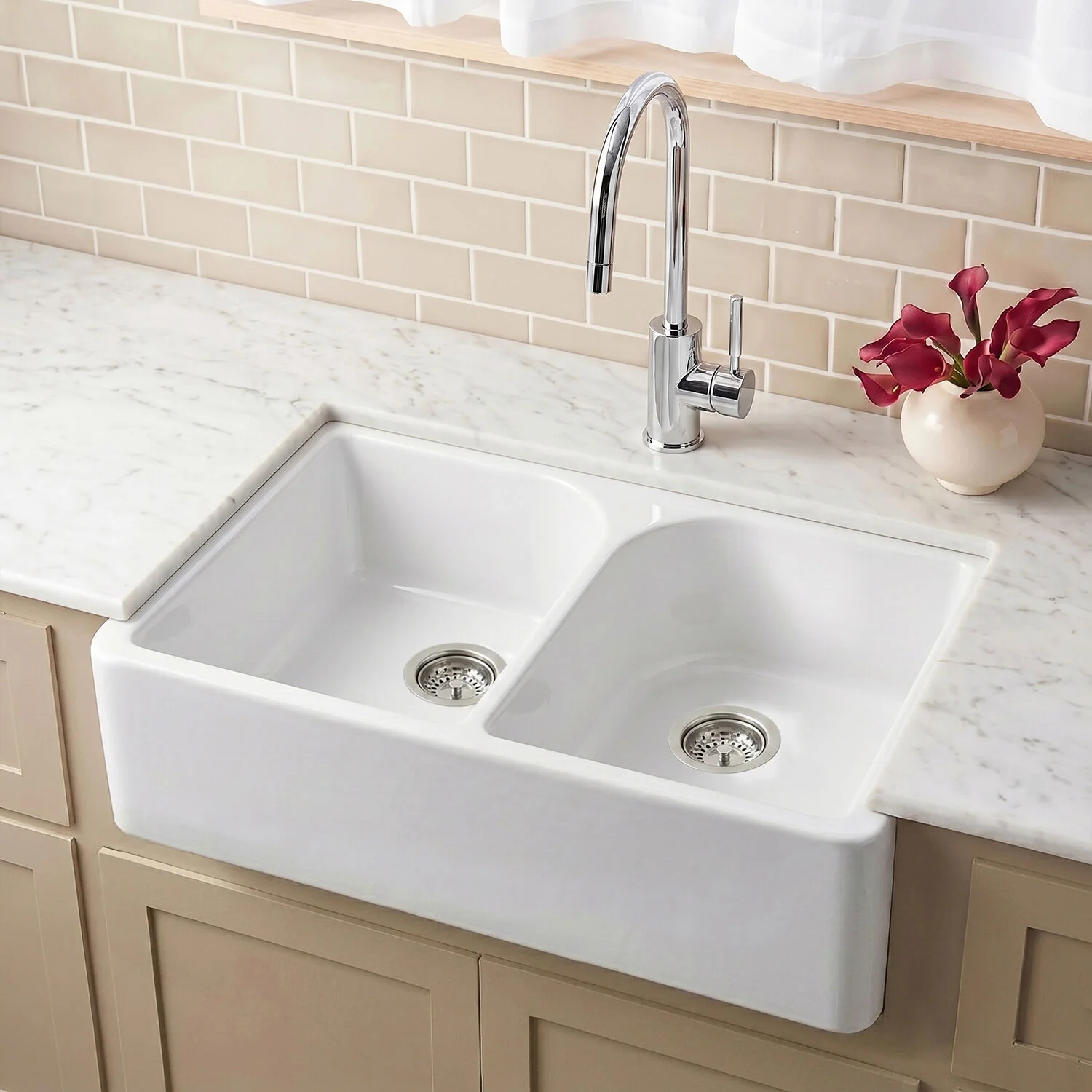 Double Bowl Fireclay Ceramic Butler Kitchen Sink with Full Weir - 795mm - Choice of Colour