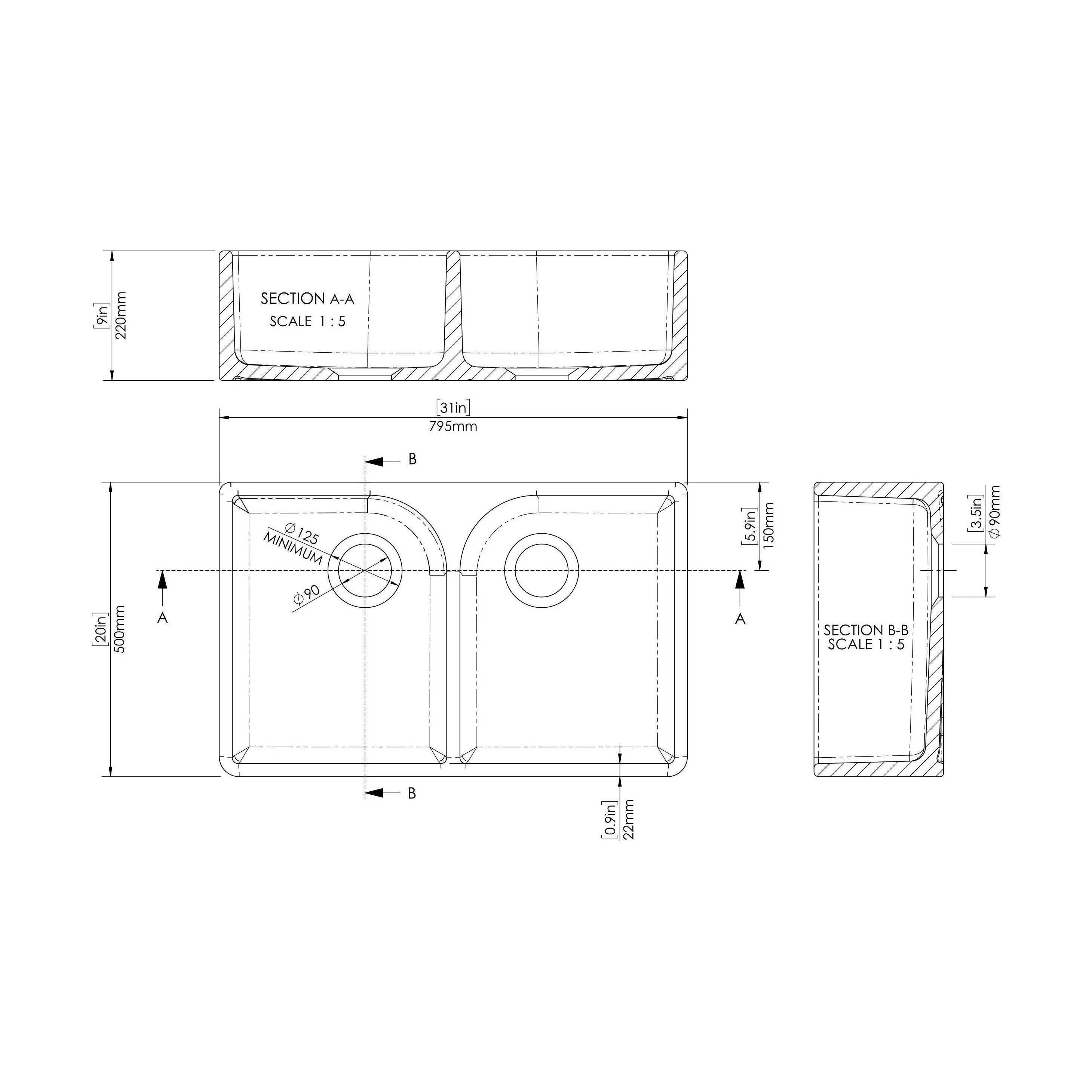 Double Bowl Fireclay Ceramic Butler Kitchen Sink with Full Weir - 795mm - Choice of Colour - Image 12