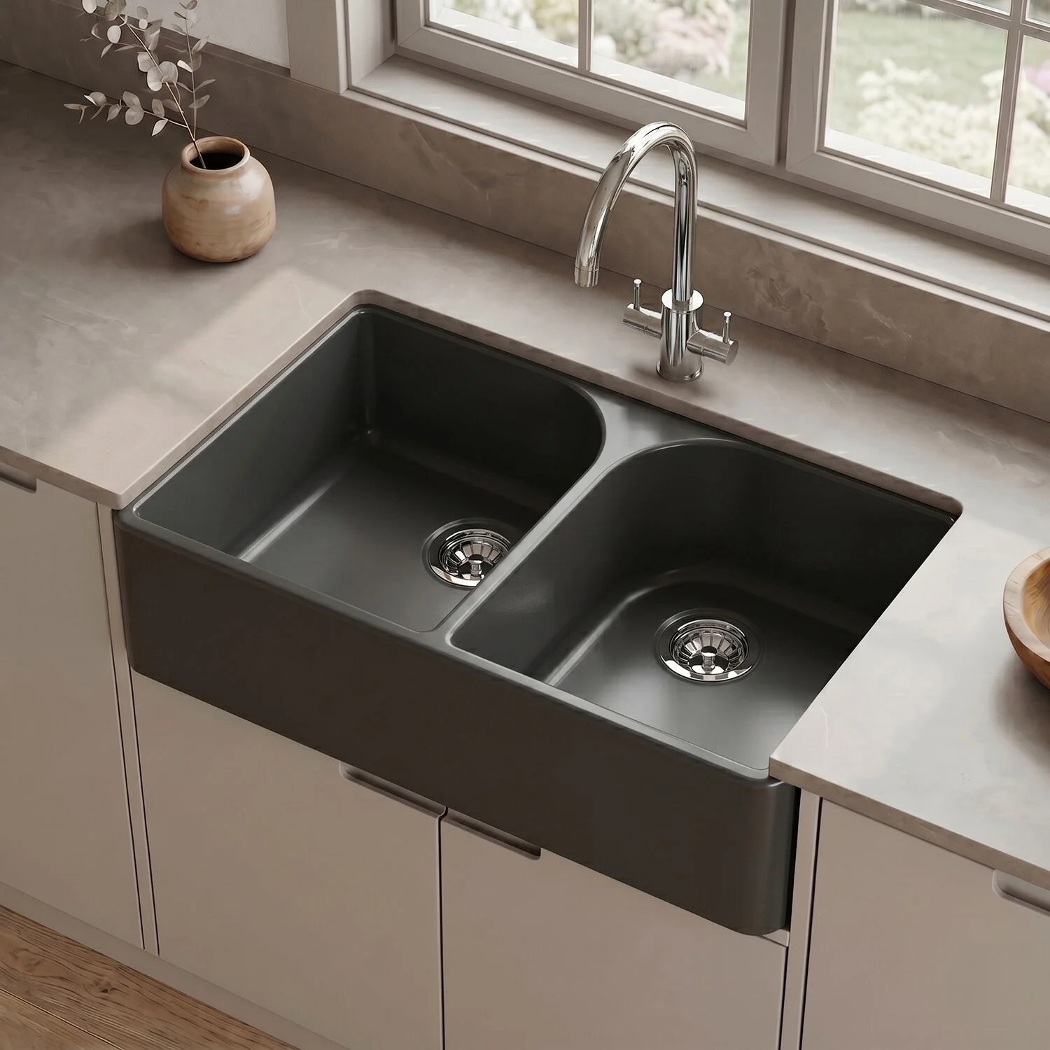 Double Bowl Fireclay Ceramic Butler Kitchen Sink with Full Weir - 795mm - Choice of Colour - Image 2